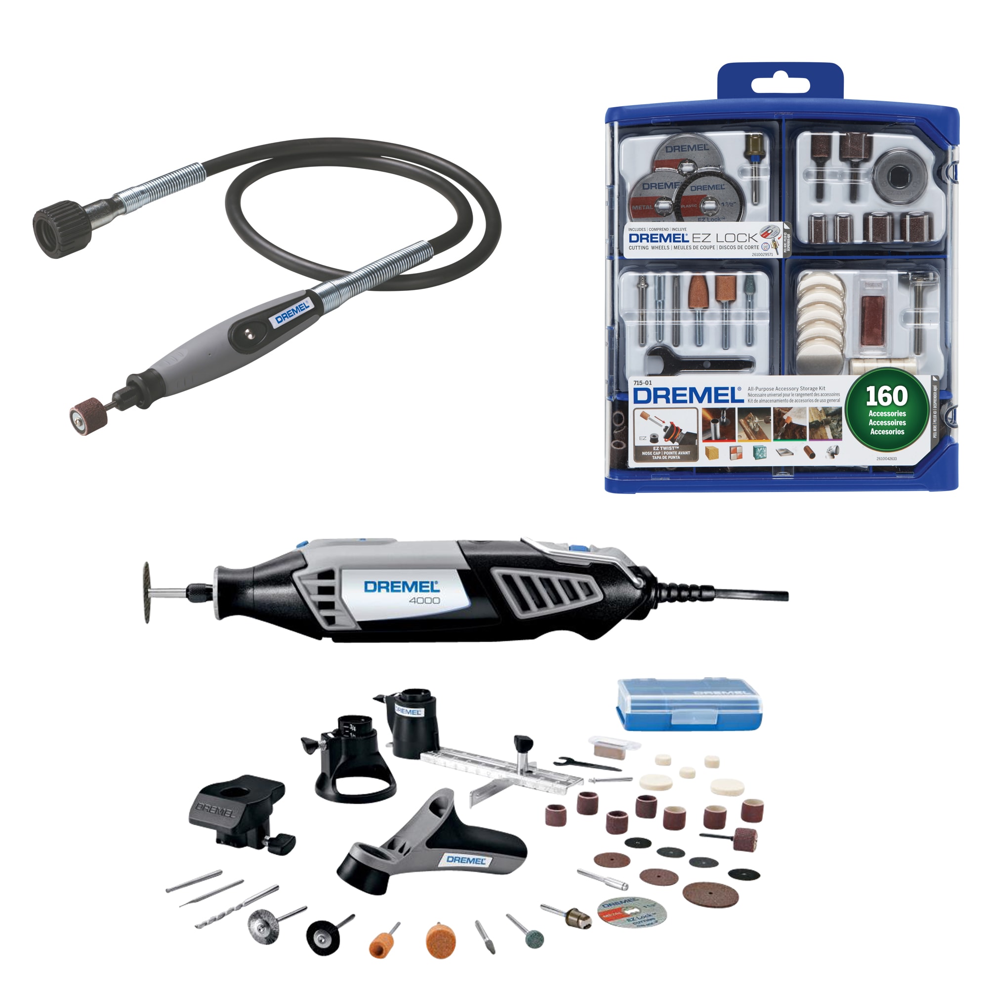 Shop Dremel 4000 Corded Variable Speed Rotary Tool with 4 Attachments and  34 Accessories + Flex Shaft Attachment + 160-Piece Accessory Kit at