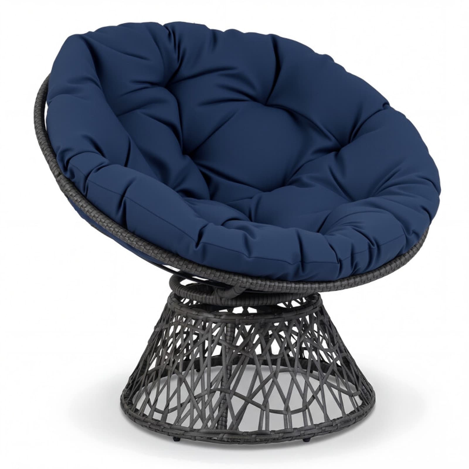 SUGIFT 32.5-in Round Swivel Papasan Chair with Thick Navy Blue Cushion 360-Degree Rotating Gray PE Rattan Wicker Lounge Chair Reinforced Metal Frame Ergonomic Bowl Seat and 350-lb Capacity for Living Room Bedroom Reading Nook and Covered Patio
