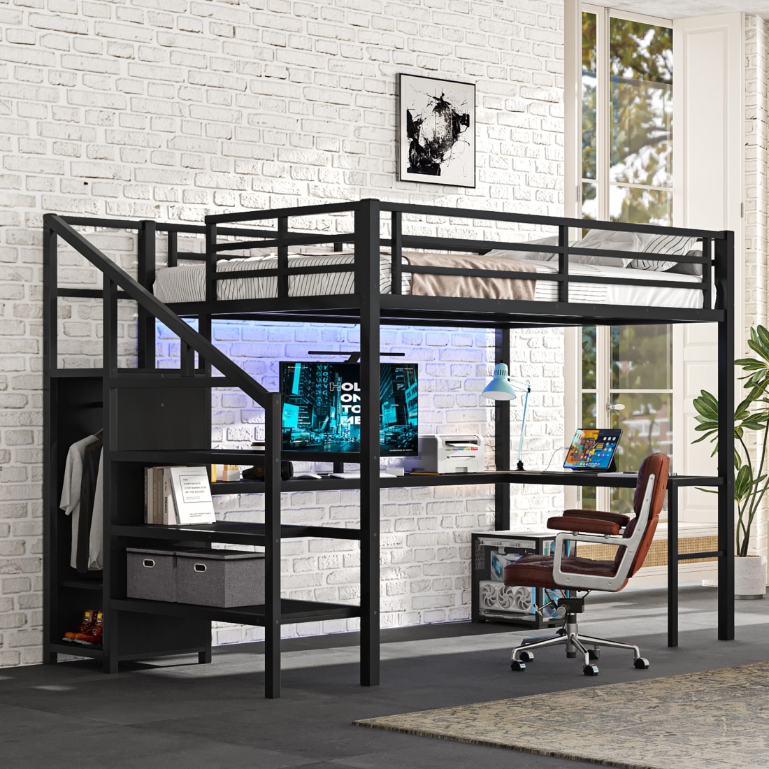 CHITA Full Size Metal Loft Bed with Wardrobe Built In Desk Shelves LED Lights USB Charging for Kids and Teens Black