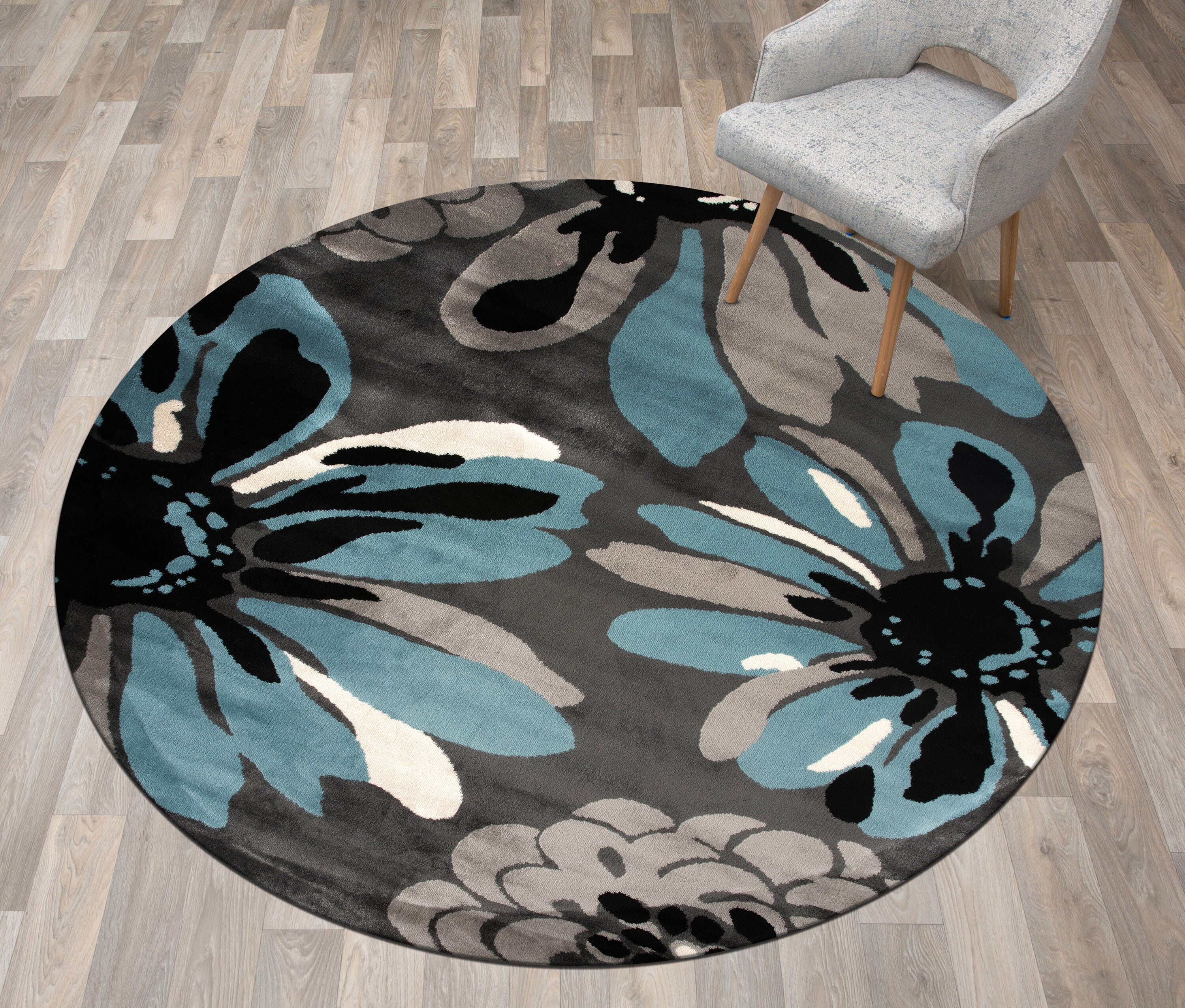Blue and Gray Synthetic Round Floral Area Rug