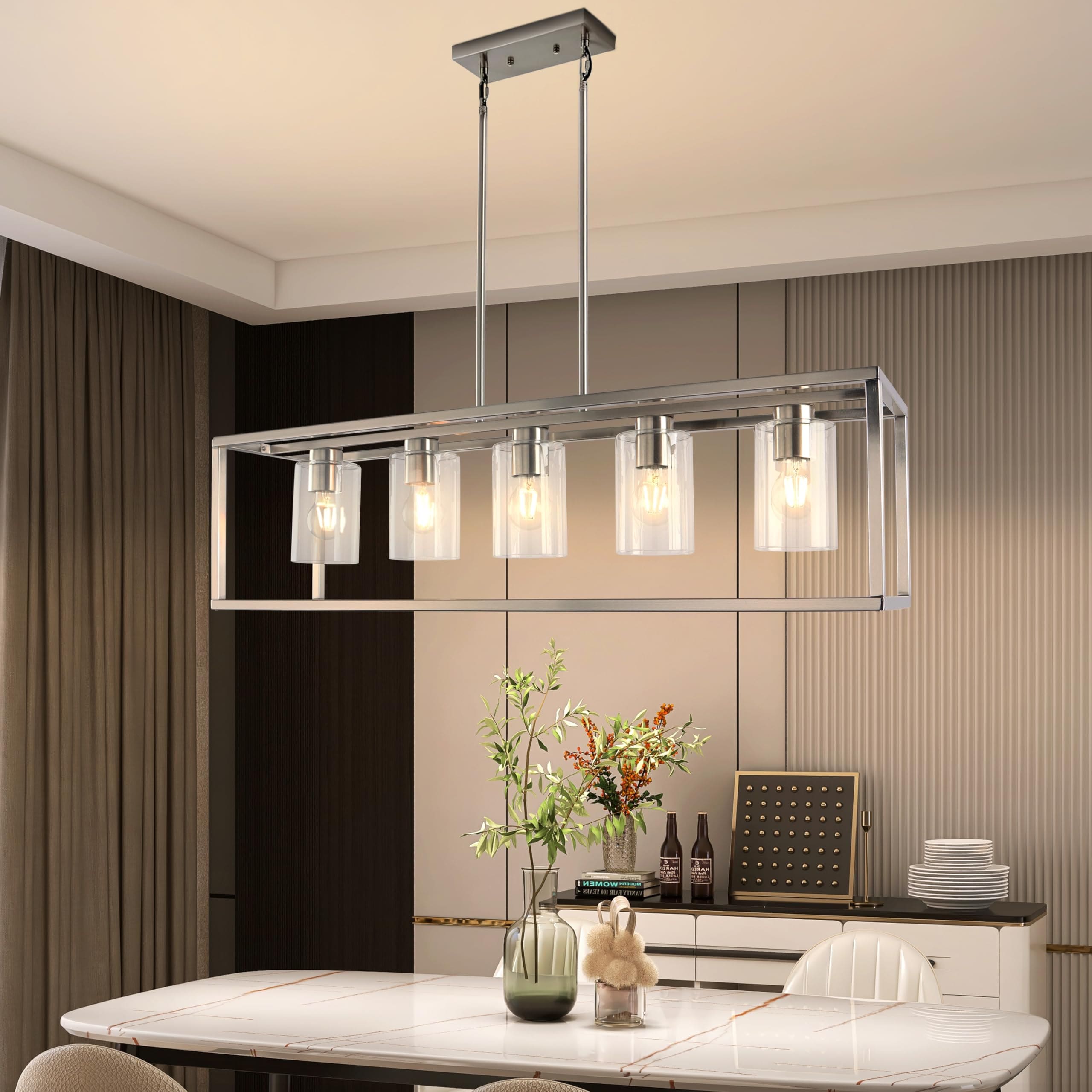 LTMATE LSWL011-BN JAZAVA 5 -Light Sliver Modern/contemporary Clear glass Rectangle Hanging Kitchen island light