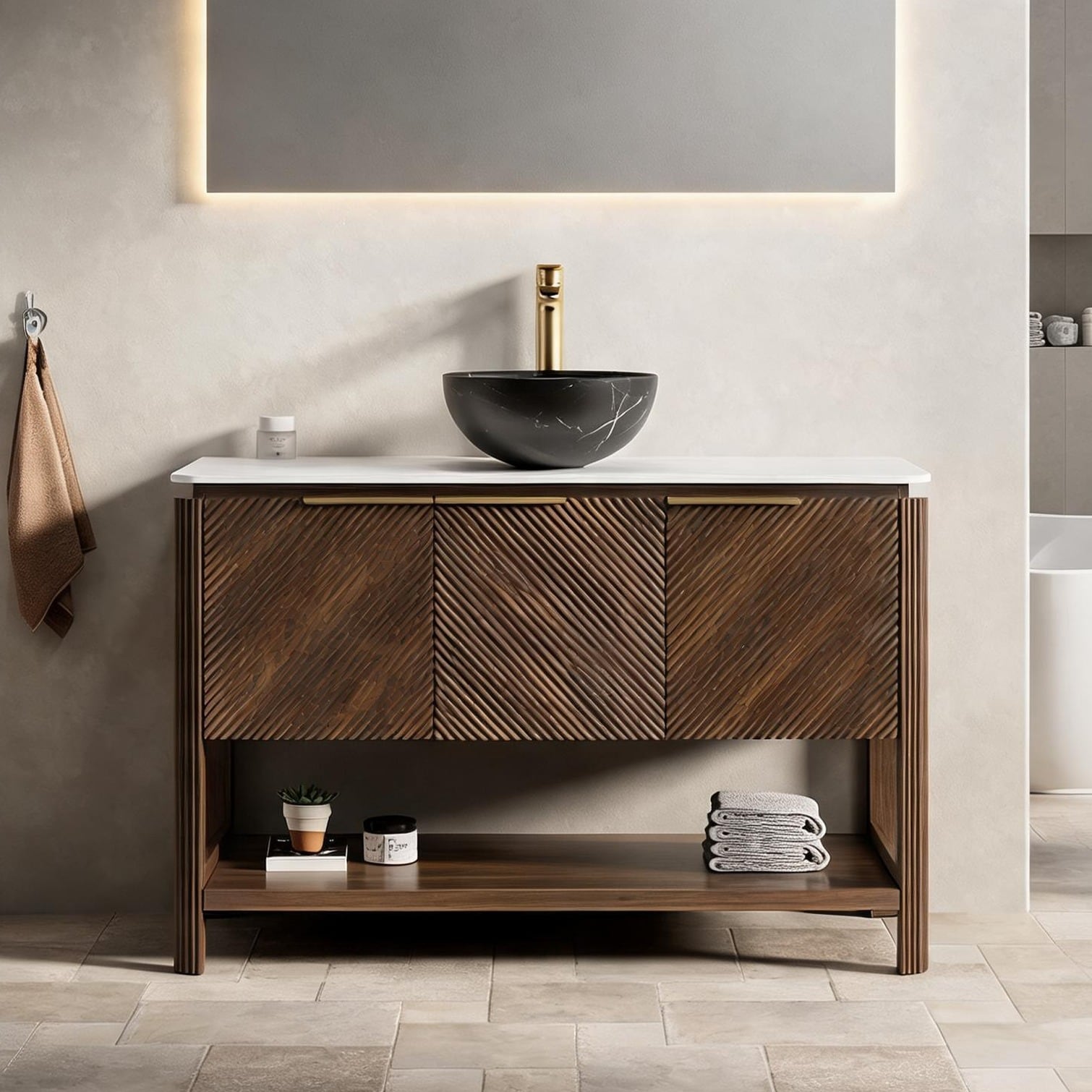 SunJet Freestanding 48-Inch Bathroom Vanity with Sintered Stone Top and Ceramic Vessel Sink Deep Black and Dark Walnut
