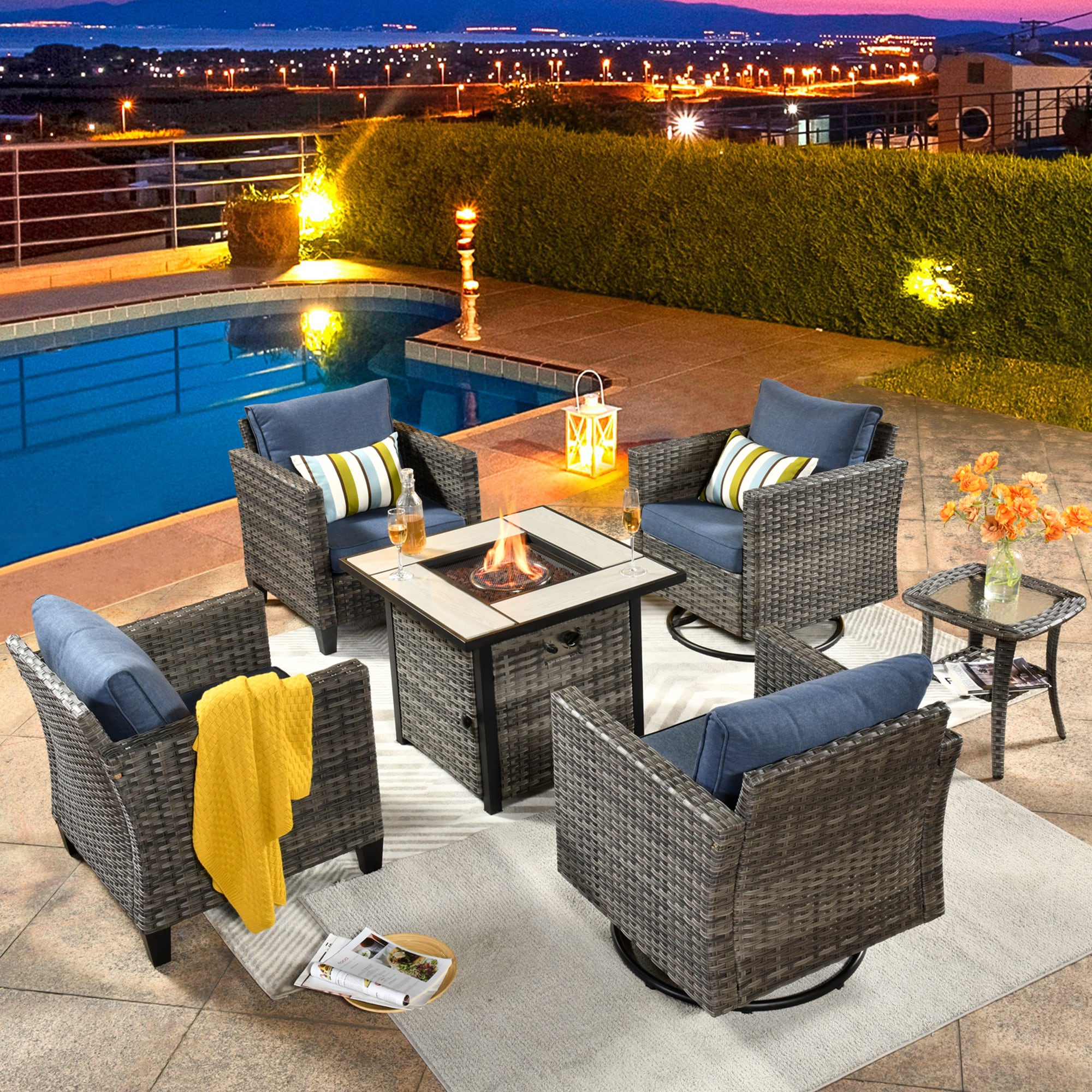 Pouuin SFPYZGRS3022M 6 -Piece Rattan Patio Conversation Set with Blue Olefin Cushions