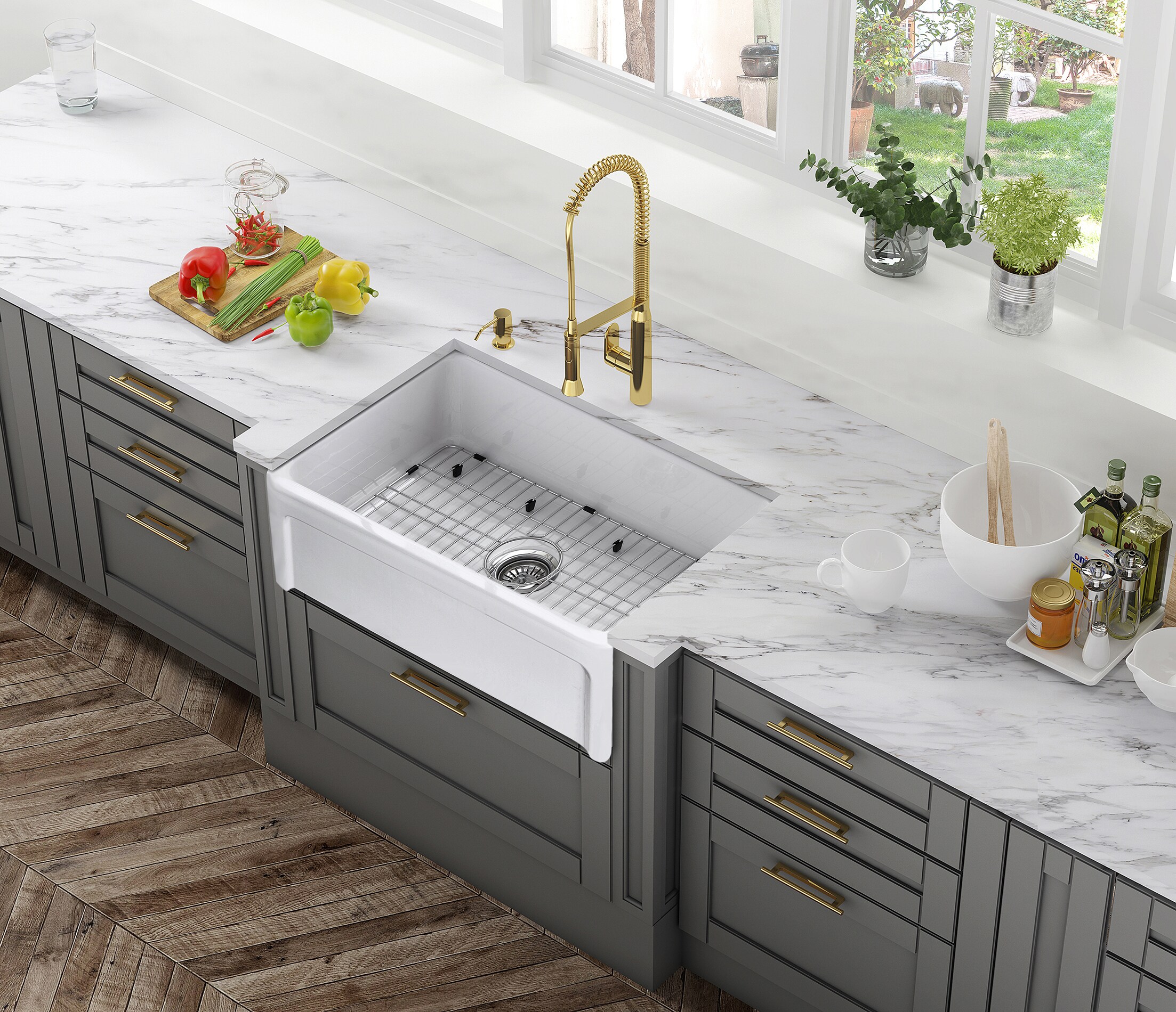 allen + roth Farmhouse Apron Front 30-in x 18-in White Fireclay Single Bowl Kitchen Sink