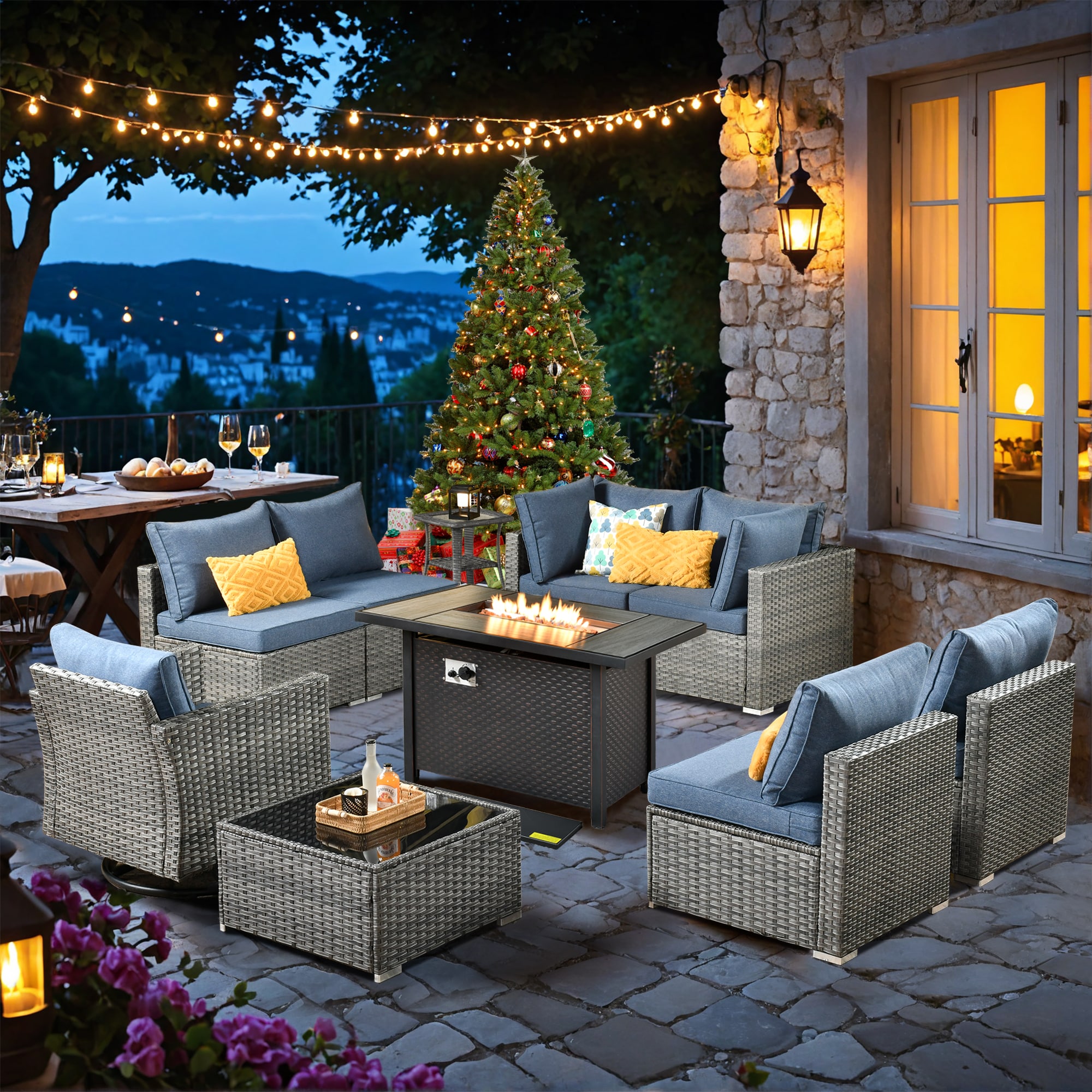 Pouuin SCFPGRSHOP300-10 Wicker Outdoor Sectional with Blue Cushions and Wicker Frame