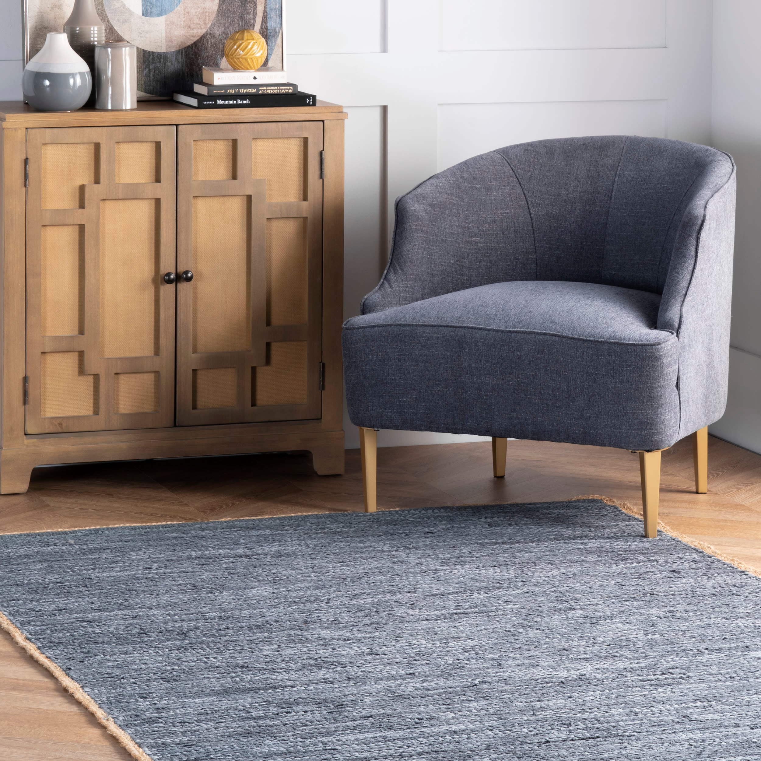 Coastal Cottage Hand Woven Blue Leather & Hemp 5' x 8' Area Rug