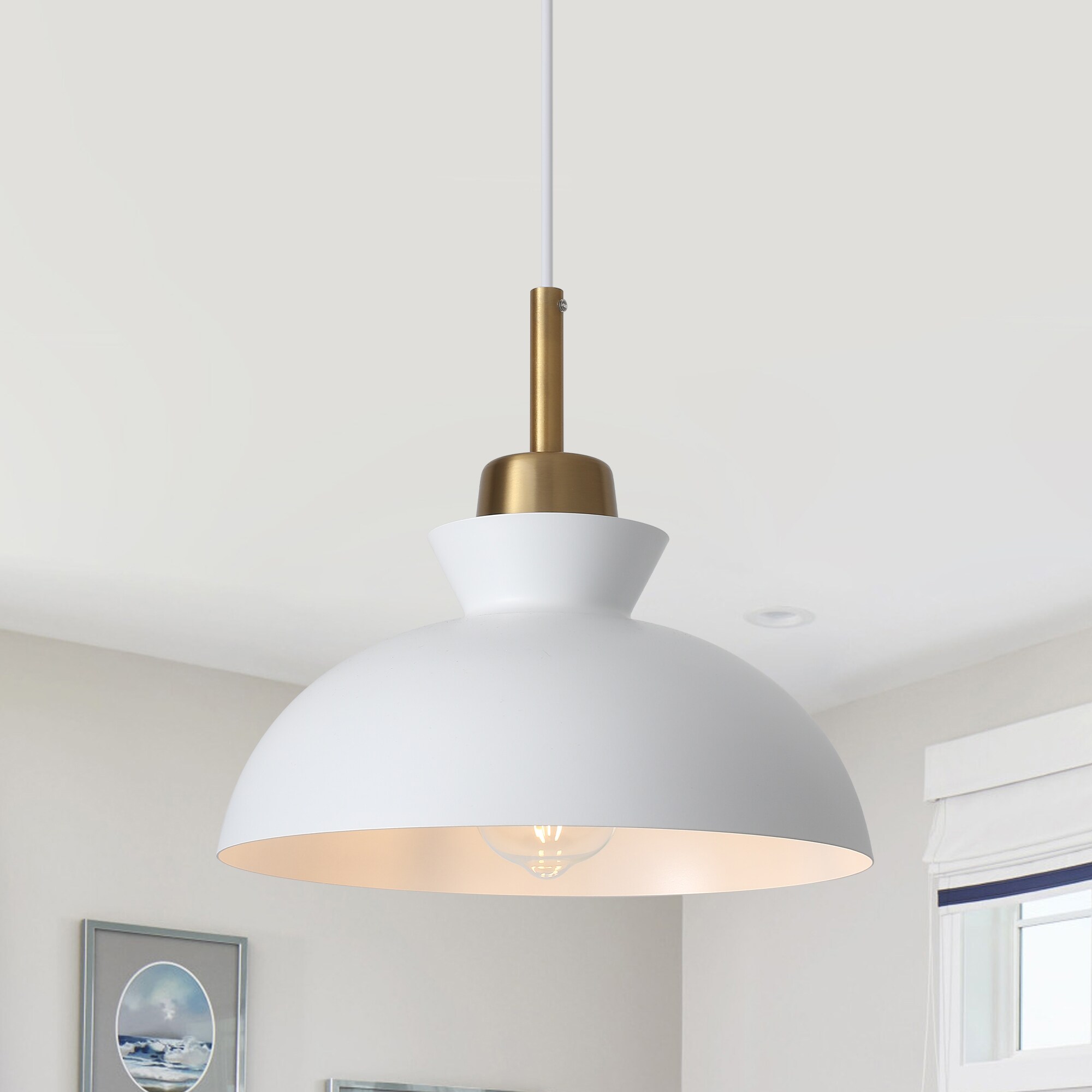 ADSENSTY 11.02inch 1 Light White Simple Dome Pendant Light for Kitchen Island Dining Room