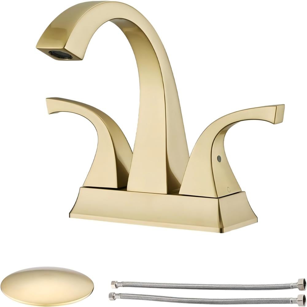 EQLOO 4 Inch Centerset Bathroom Sink Faucet in Brushed Gold for 3 Holes with 2 Handle Brass Centerset Vanity Sink Faucet with Pop Up Drain and cUPC LeadFree Hose