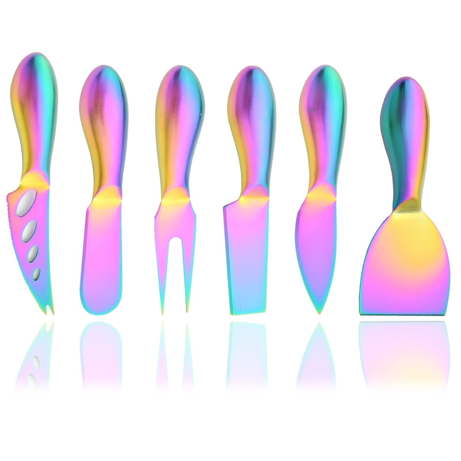 Aoibox  6 Piece Iridescent Rainbow 304 Stainless Steel Cheese Knife and Spreader Set Satin Matte Finish for Fork