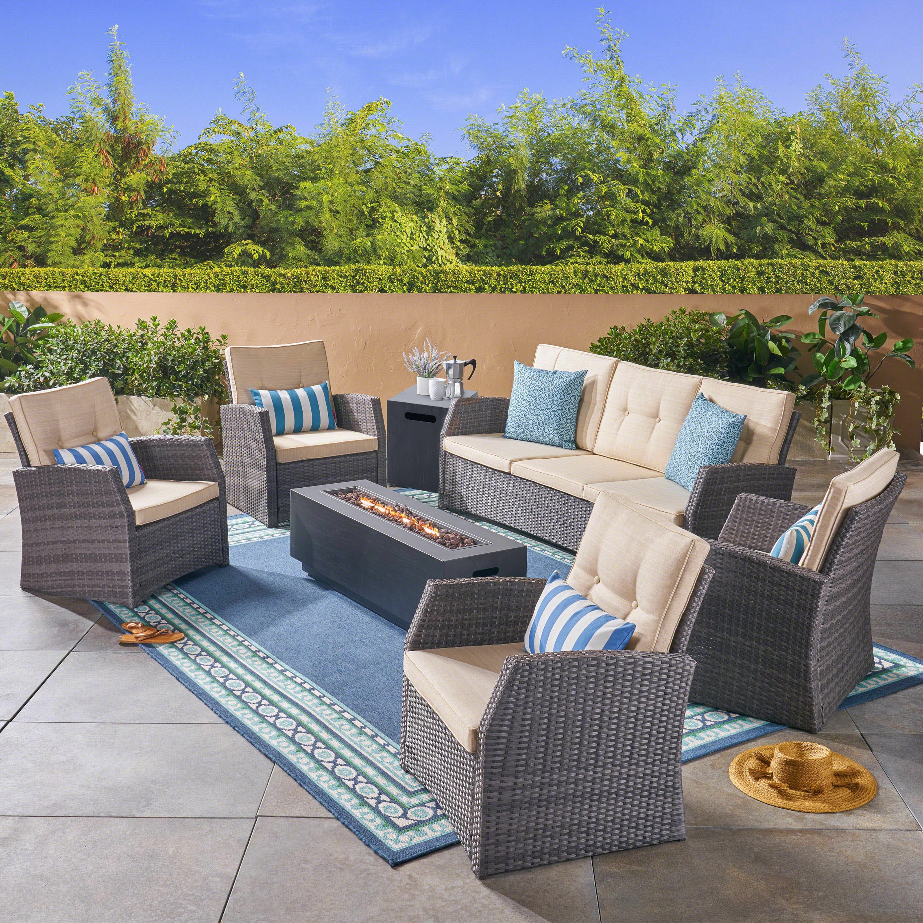 Christopher Knight Home 305187 Sanger Outdoor 7 Seater Wicker Chat Set with a Fire Pit-Gray + Beige + Dark Gray