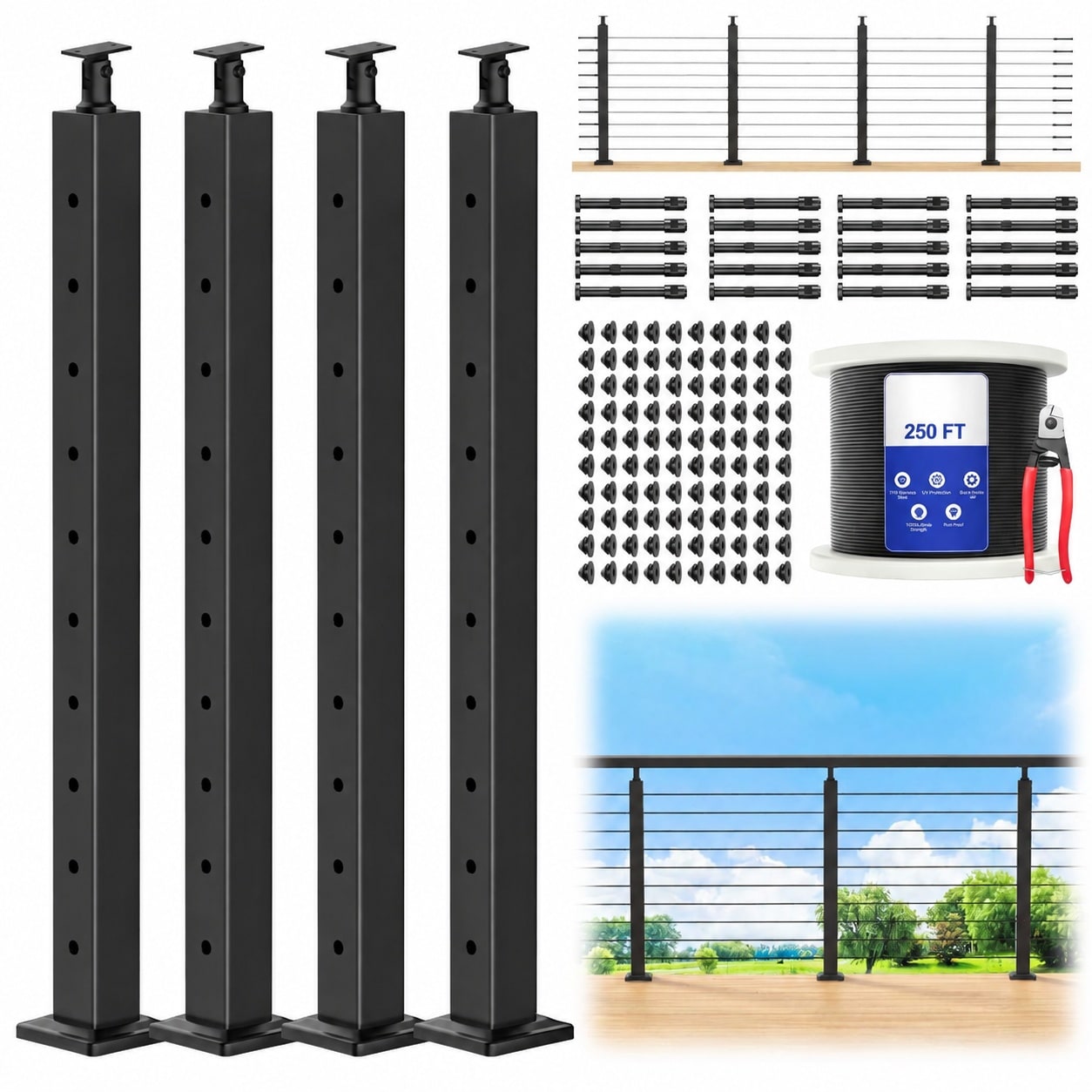 Afoxsos  36 inch Cable Railing Post Kit 4 Pack with 250 Feet Stainless Steel Wire Rope Black Adjustable Level Drilled Posts for Deck Stair and