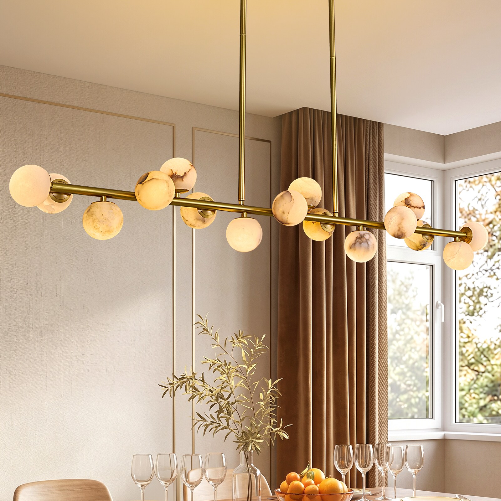 LuminFan 54.3-In Gold Modern Linear Chandelier Alabaster Globe Ceiling Light 16 Light Pendant for Dining Room Kitchen Island Foyer