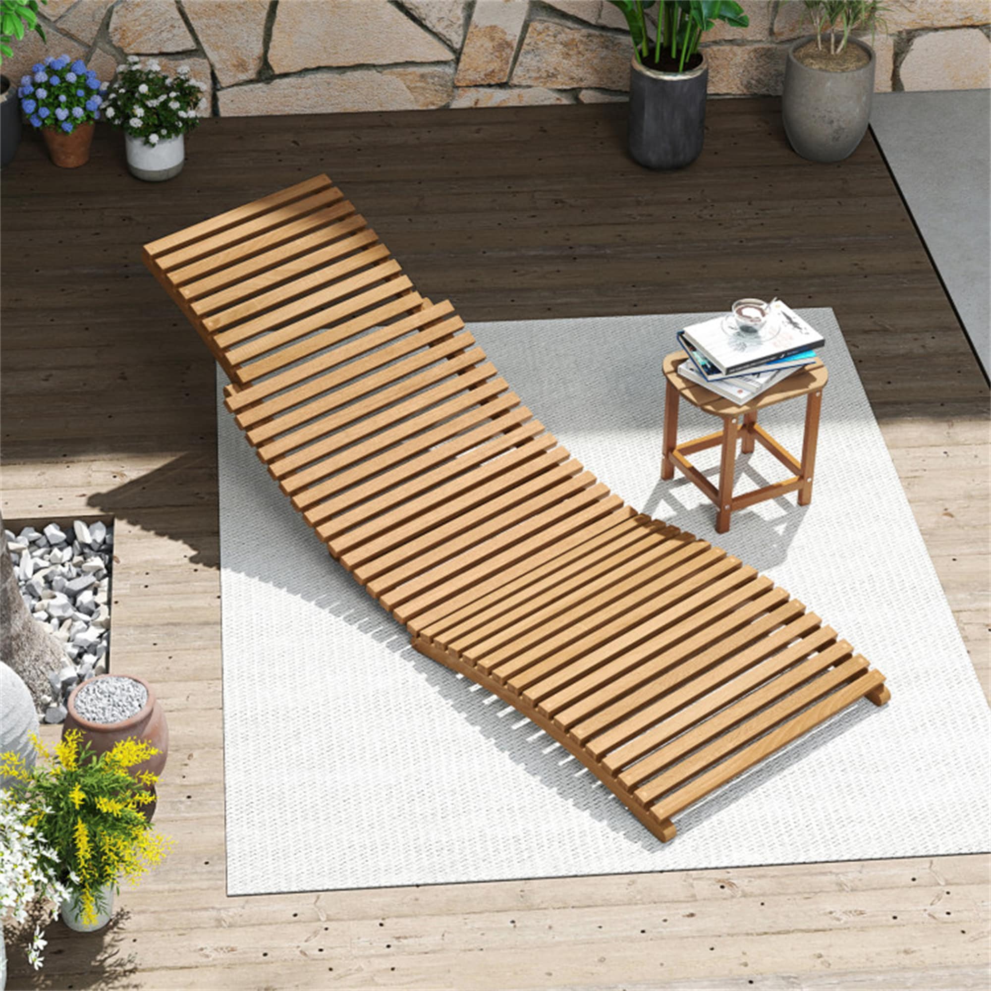 BABOOM - 1-Piece Teak Wood Outdoor Patio Folding Chaise Lounge Chair with Slatted Seat