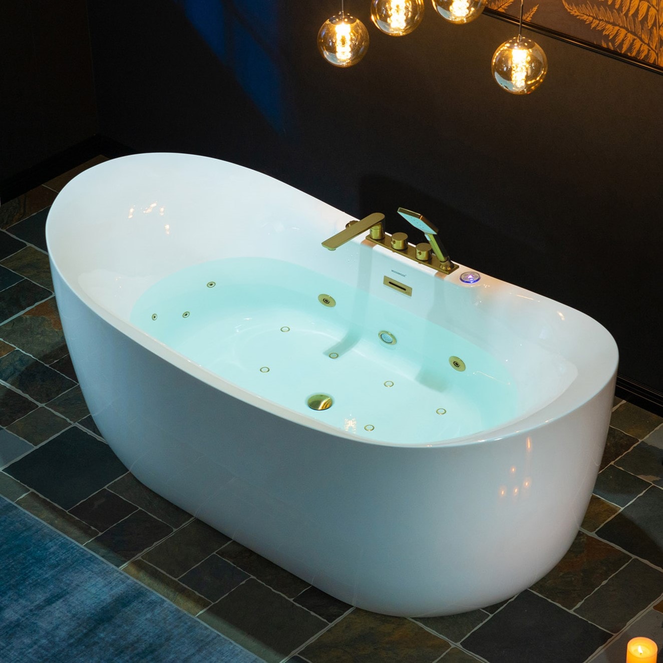 Woodbridge LB607 35.38-in x 72-in White with Brushed Gold Trim Acrylic Oval Freestanding Whirlpool and air bath combination tub with Faucet with Drain ( Center Drain )