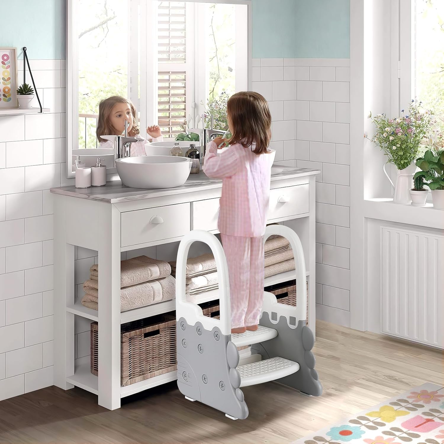 Idealhouse Toddler Step Stool 2-Step with Handrail/ Anti-Slip Bathroom Sink and Kitchen Counter Ladder for Kids Potty Training Toilet Stool-Grey