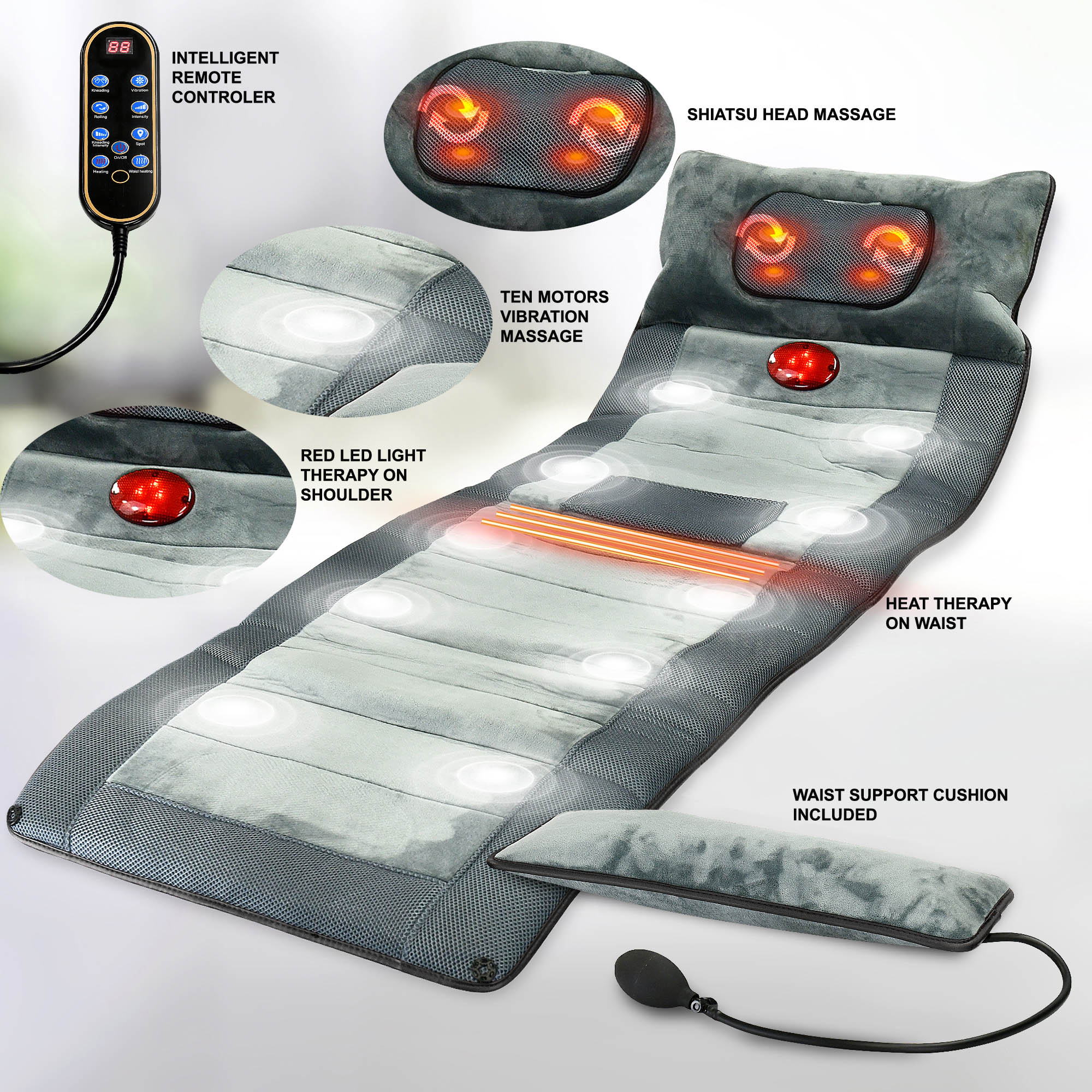 Shiatsu Gray Heated Seat Pad with Vibration Massage for Total Body Relief | - Carepeutic KH331