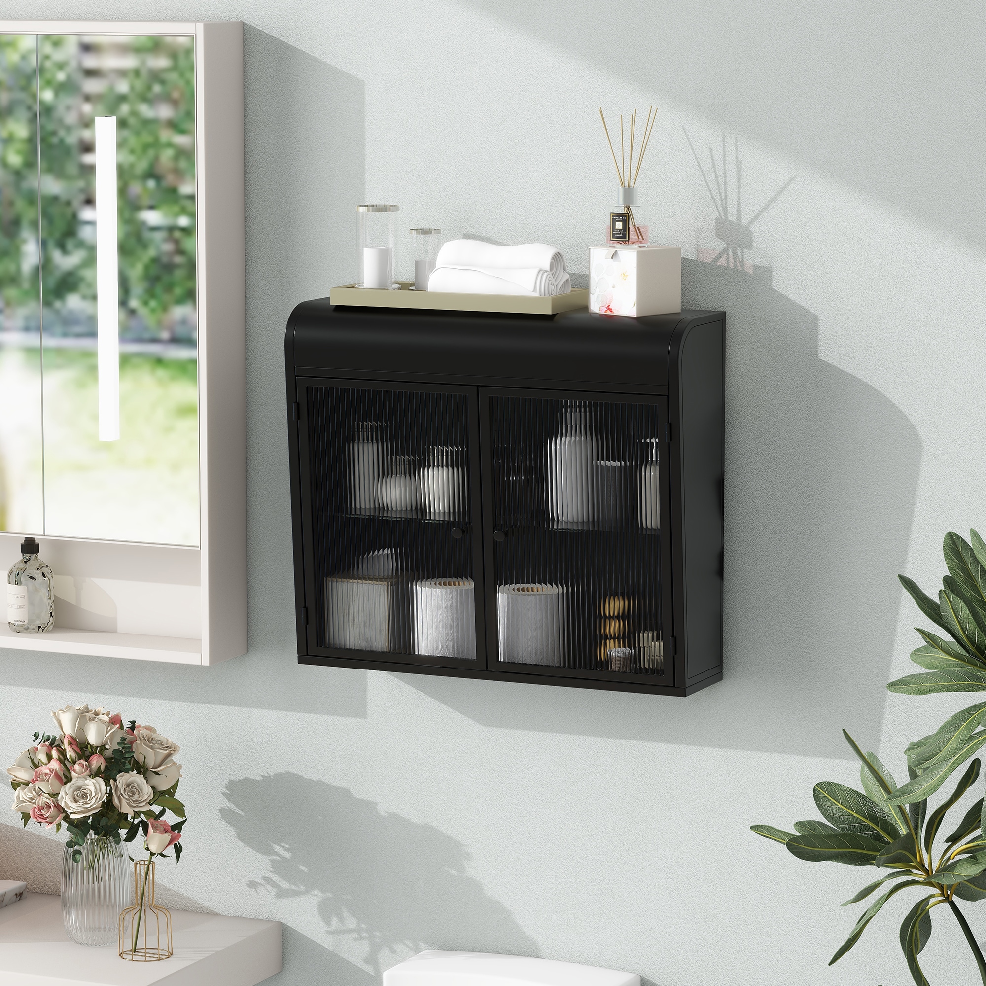 LUXEYARD 2Door Wall Mounted Metal Storage Cabinet with Tempered Glass Doors and Shelves