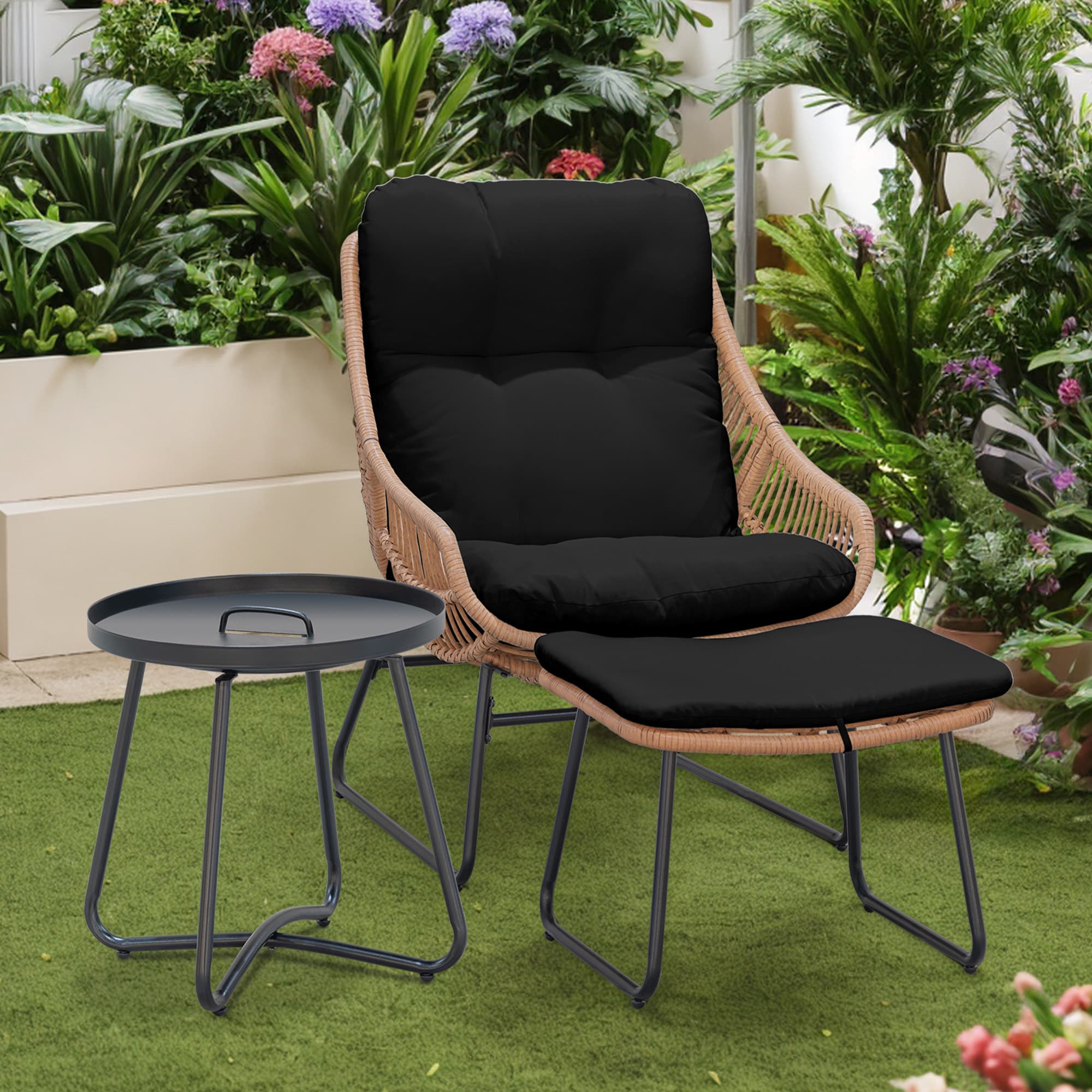 Grearden - Chair Wicker Black Metal Frame Stationary Egg Chair with Black Cushioned Seat