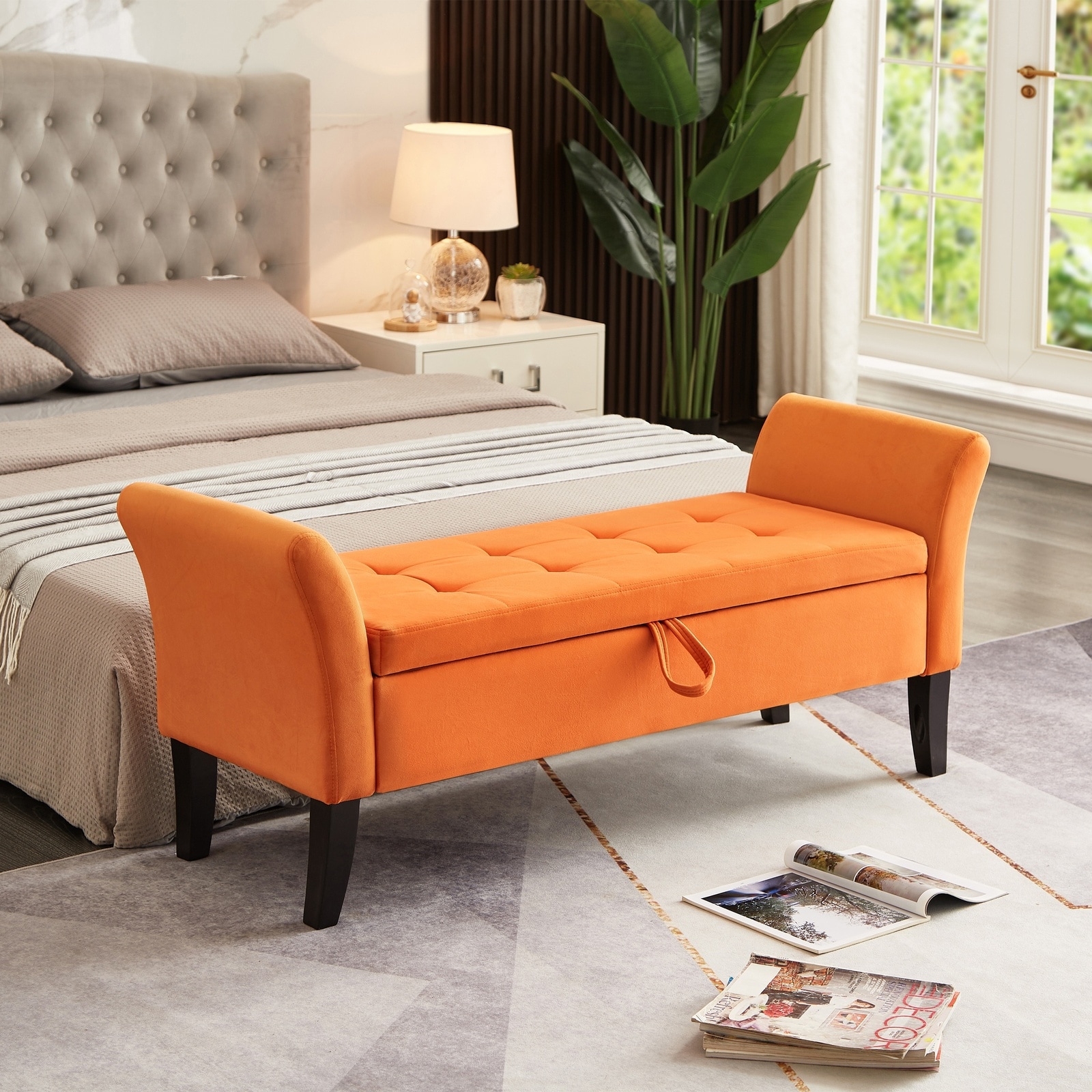 Horizons Prime 52 inch Orange Velvet Bed Bench with Storage and Tufted Design
