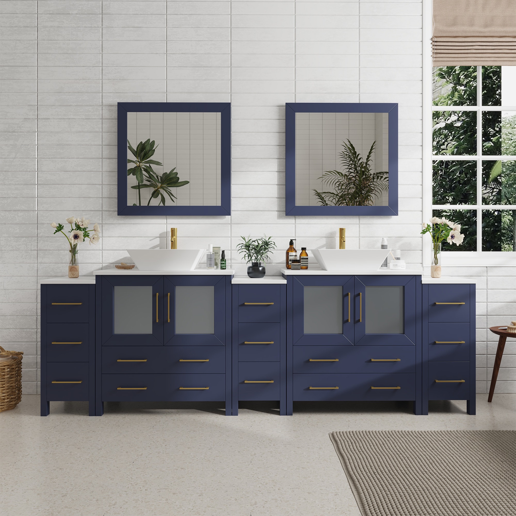 Vanity Art VA3130-96B Ravenna 95-in Blue Double sink Bathroom Vanity with White Engineered marble Top (Mirror Included)