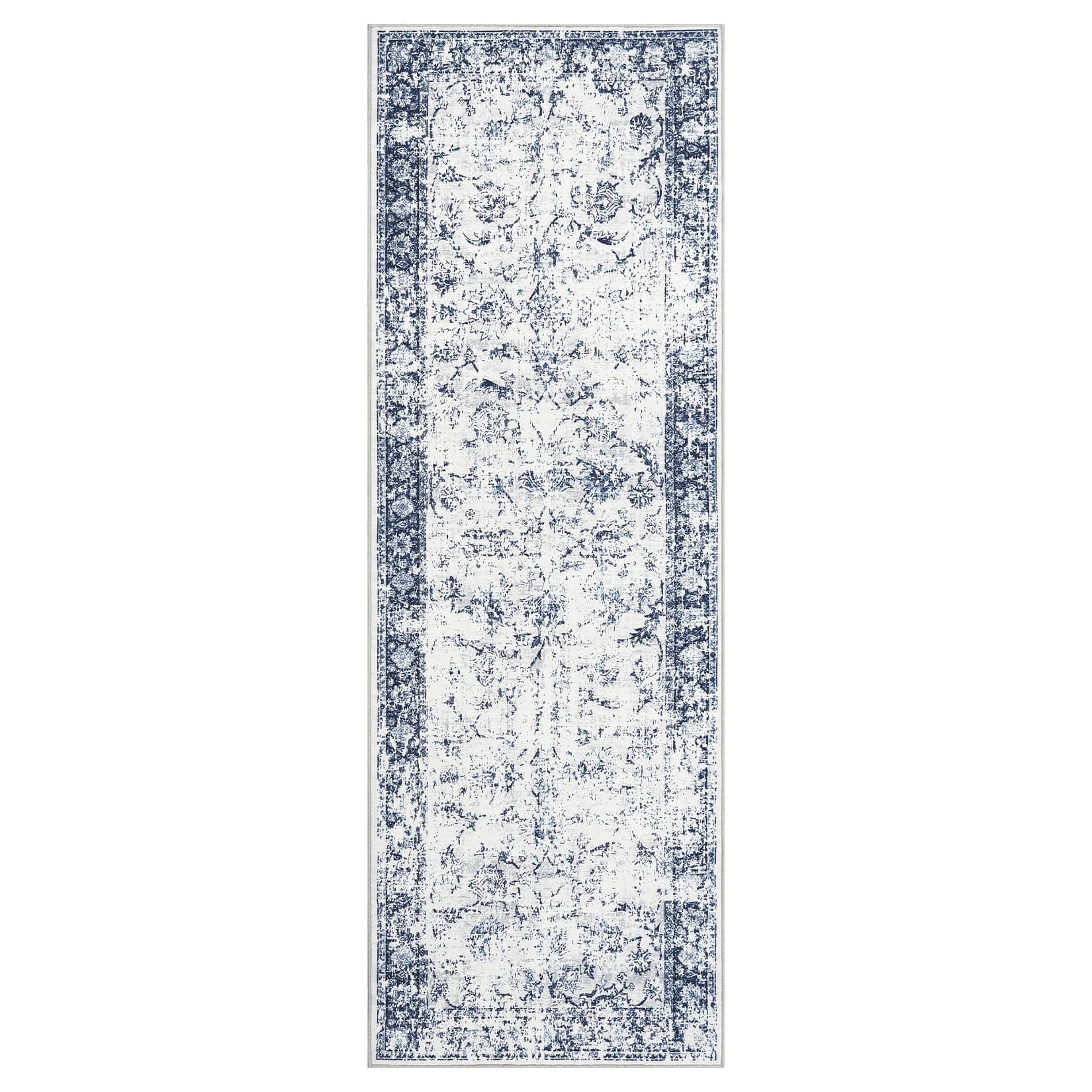 Qeetex SUNNY-PHO-334RHML8 2 x 6 ft Polyester Blue Rectangular Laundry Bathroom Kitchen Distressed Floral Print Vintage Machine Washable Runner Rug