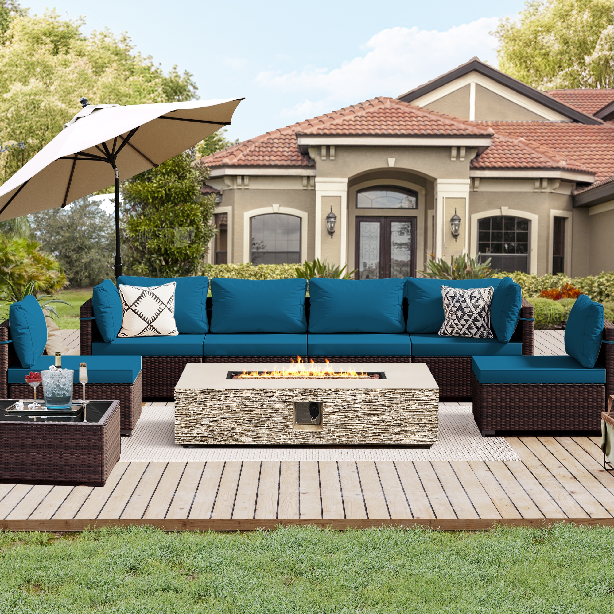 Patio Watcher LS-RT7-56HBE-B5 Rattan Sofa Set 8-Piece Rattan Patio Conversation Set with Blue Cushions