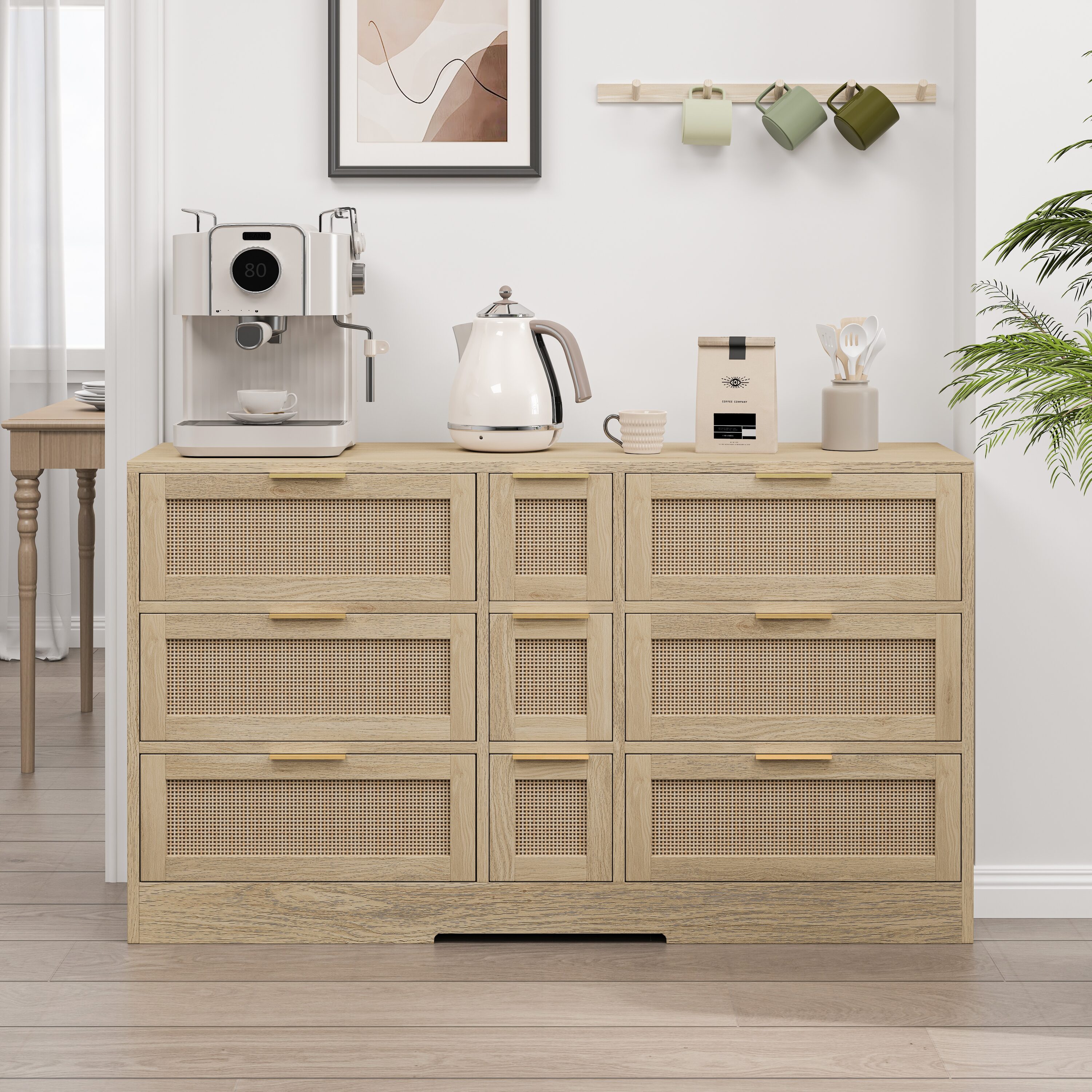 Huluwat - XJ-51.2 inch Rattan Locker With Drawers 9 Drawers Metal Handles For Kitchen Living Room...