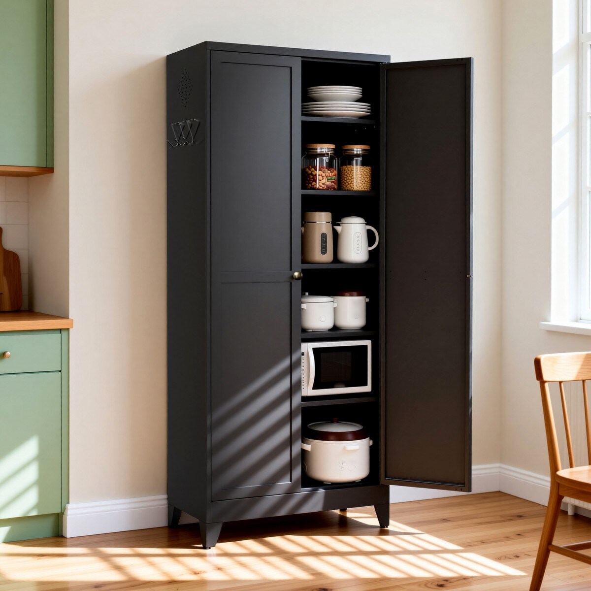 GlasFlength  75 Inch Black Metal Kitchen Pantry Cabinet with 5 Adjustable Shelves Freestanding Storage Cabinet Heavy Duty Steel Organizer for Kitchen Dining Room Pantry Black