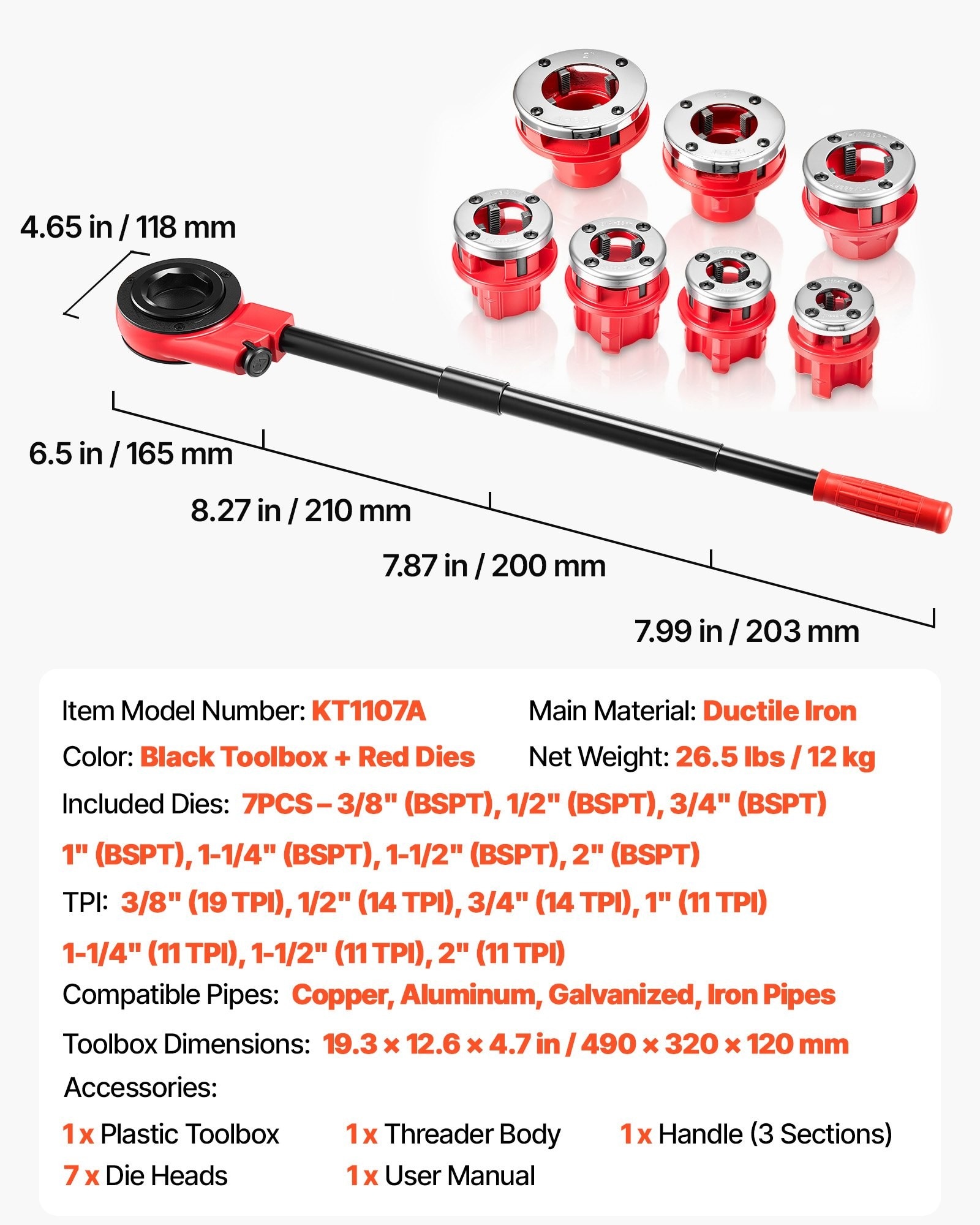 GIVIMO Ratchet Pipe Threader Kit with 7 Dies 3/8-in to 2-in BSPT Manual ...