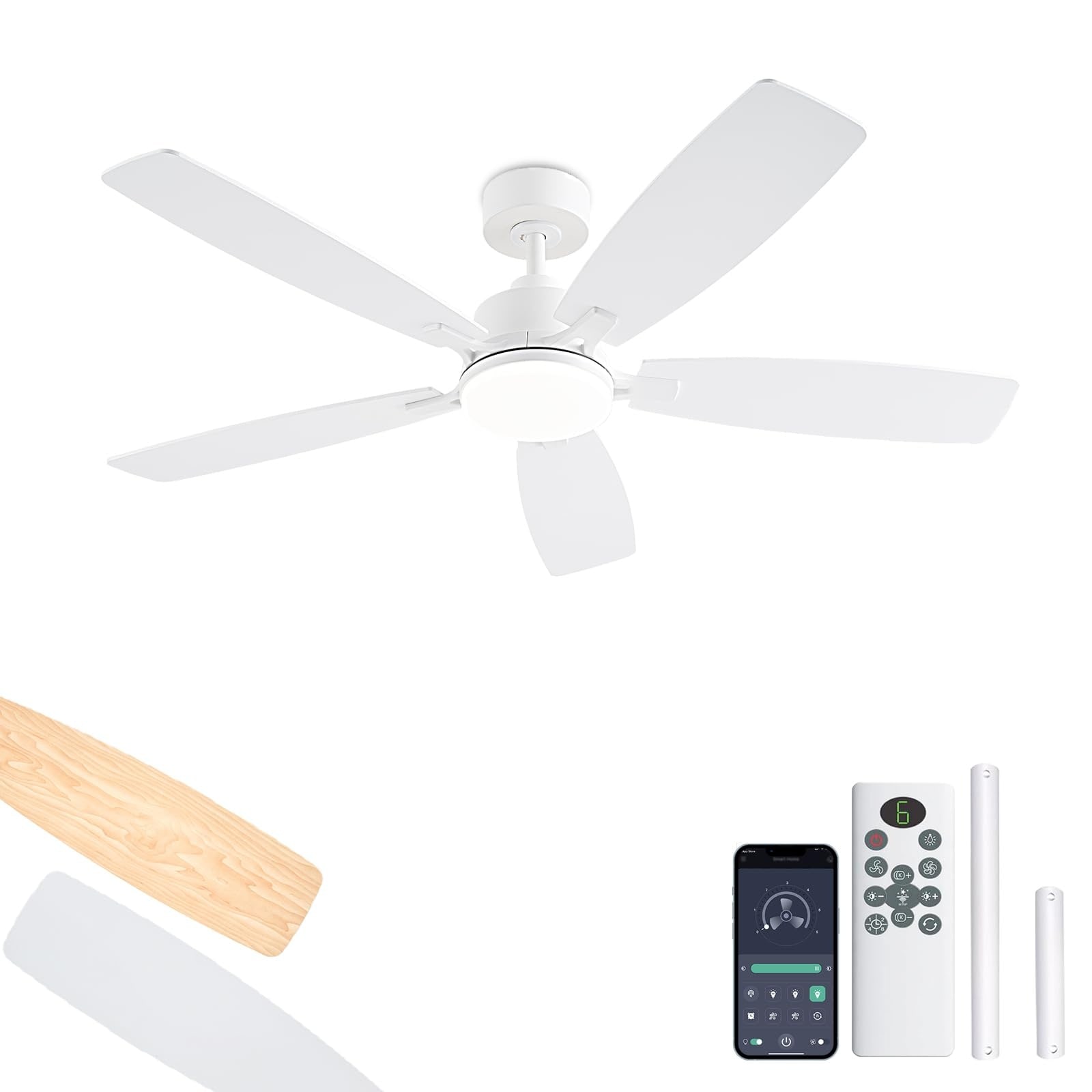 AOIZGMY  White Ceiling Fan with Light 52 Inch Low Profile Indoor Outdoor Remote and App Control Dual Sided Reversible Blades 3CCT Dimmable LED