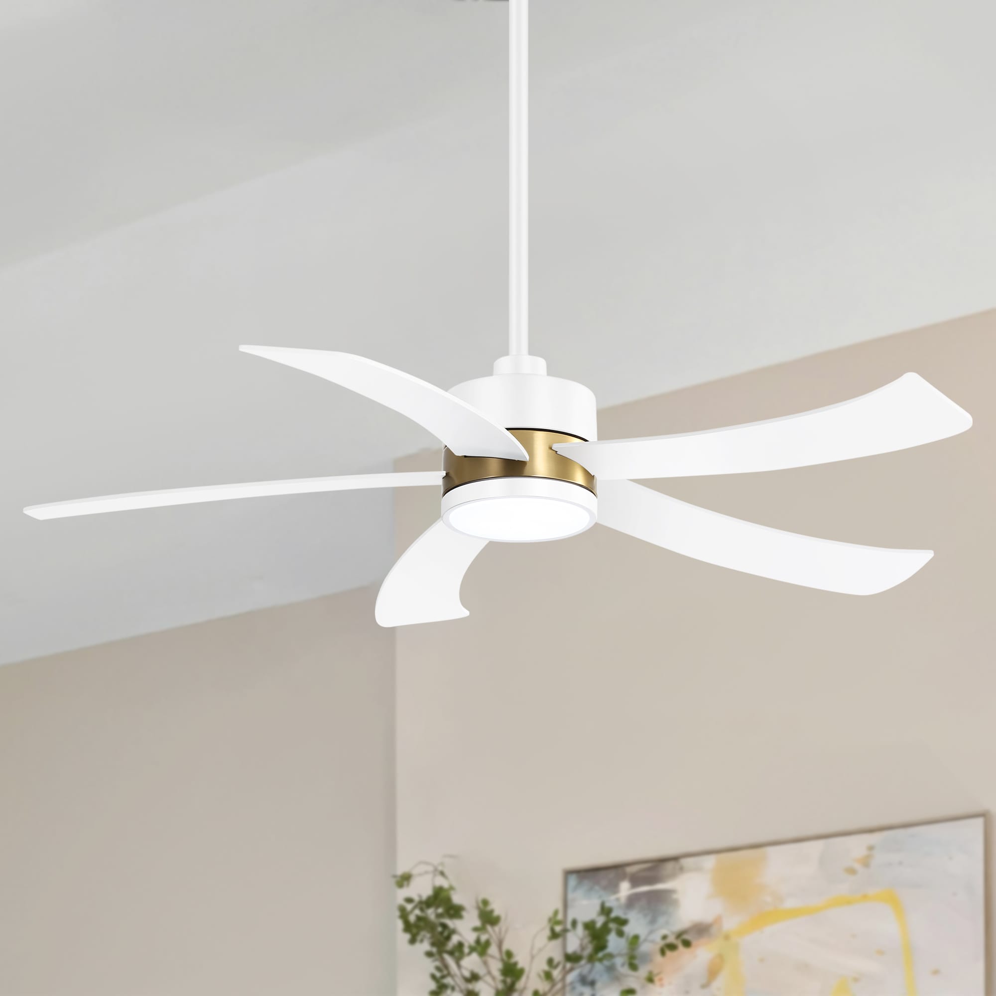 Breezary 32011-GW 52-in Color-Changing Integrated LED Matte White and Gold with White Blades Ceiling Fan With Light - Remote Included ( 5 -Blade )
