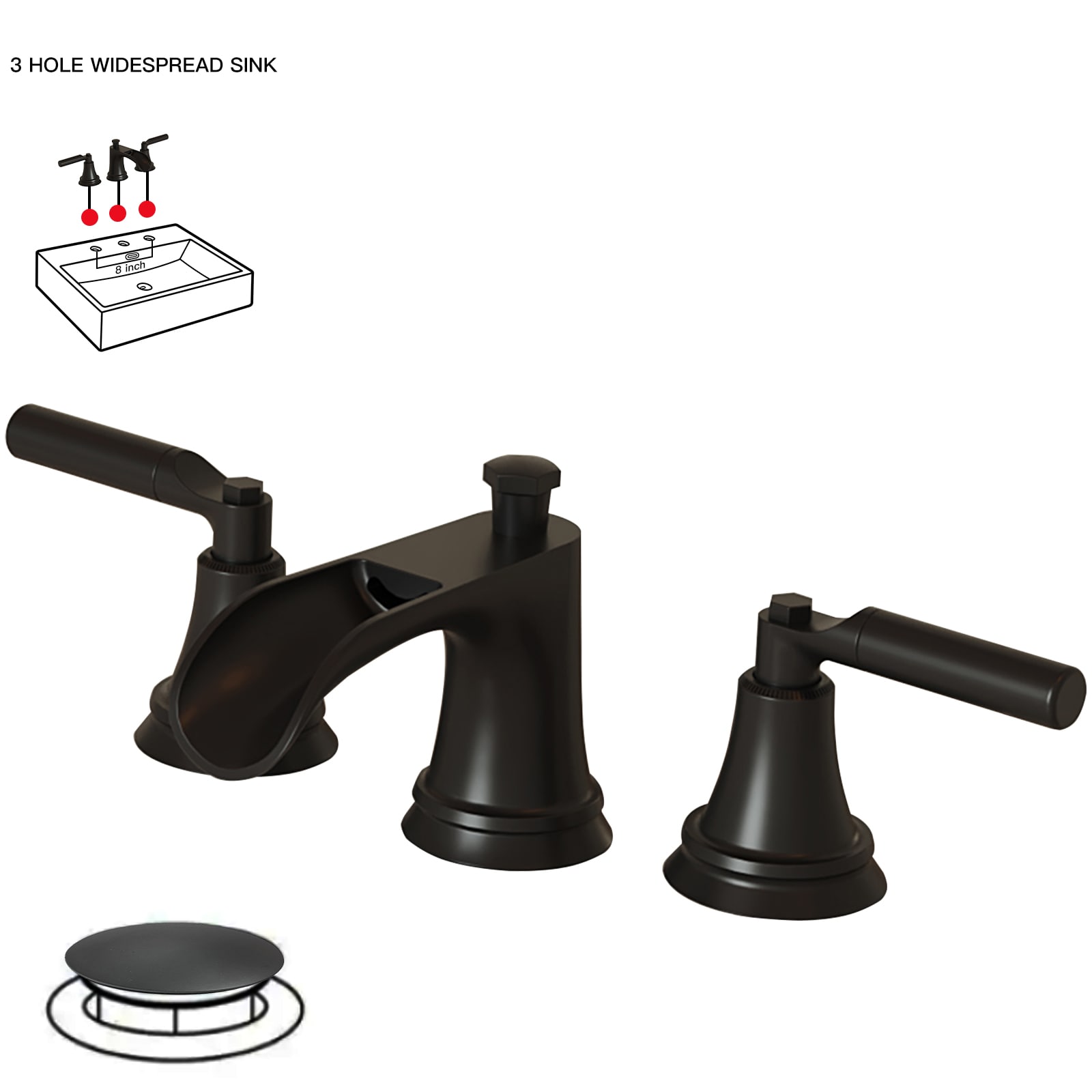 BWE A-916459-B-4 Matte Black Widespread 2-handle WaterSense Waterfall Commercial/Residential Handle Bathroom Sink Faucet