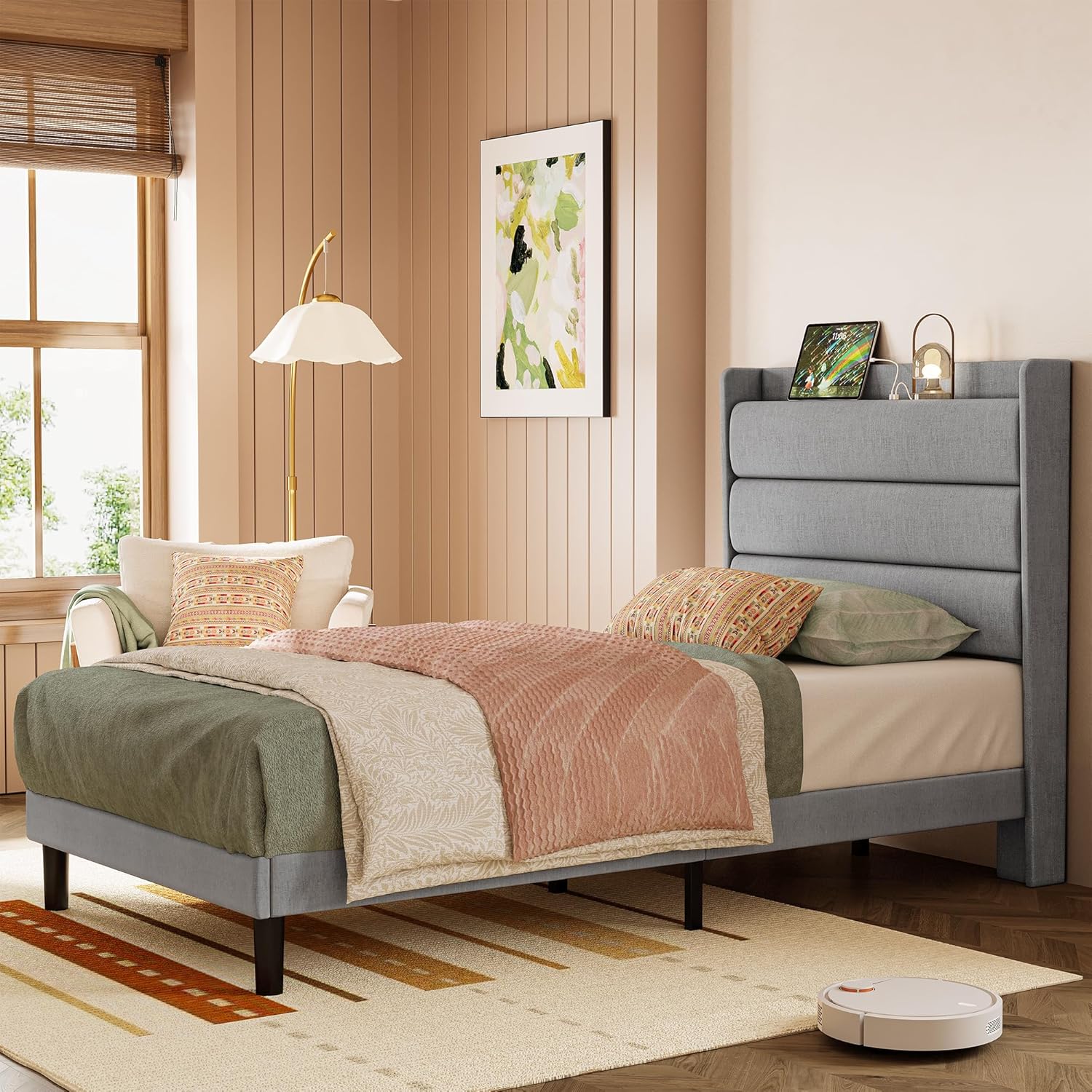 Likimio XRFBZDIY941WEAMM 41.1-in W Light Gray Twin XL Bed Frames with Storage Headboard and Outlets