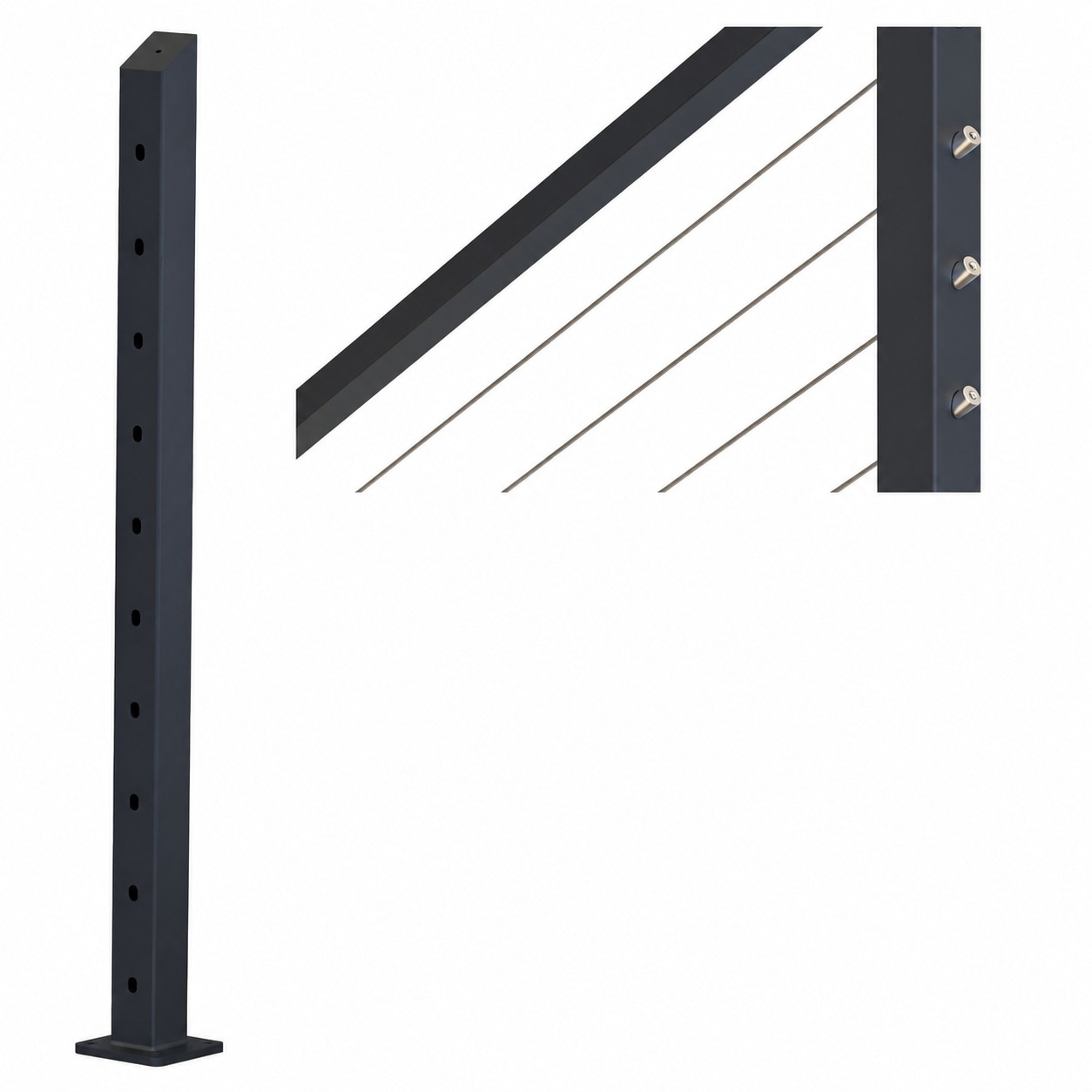 Aoibox  Cable Railing Post 36 Inch High Strength Steel Square Stair End Post Black Powder Coated Pre Drilled Holes for Wood Concrete Stair Piece