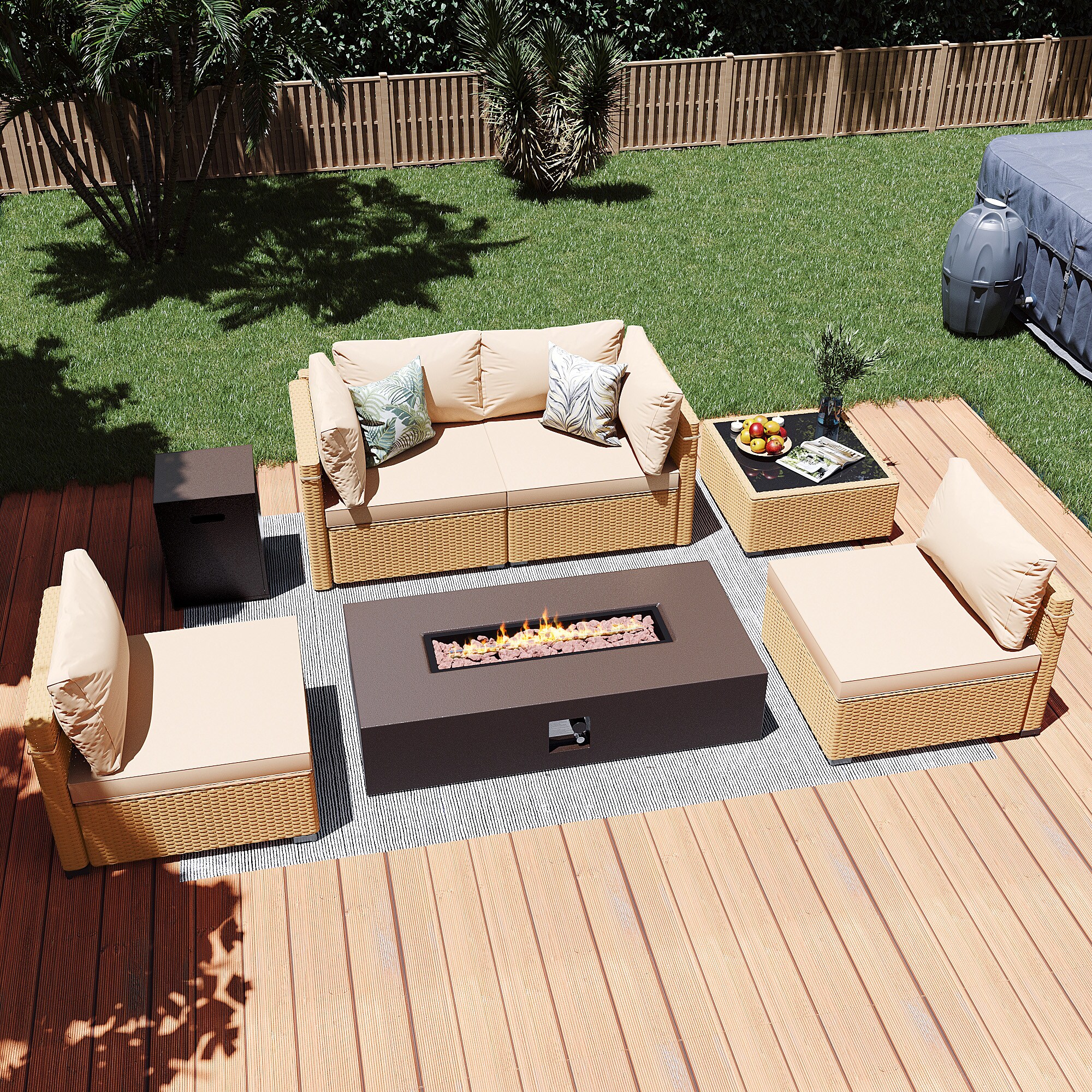 Patio Watcher LS-RT5-KD56BR-Y1 6 -Piece Rattan Patio Conversation Set with Beige Cushions