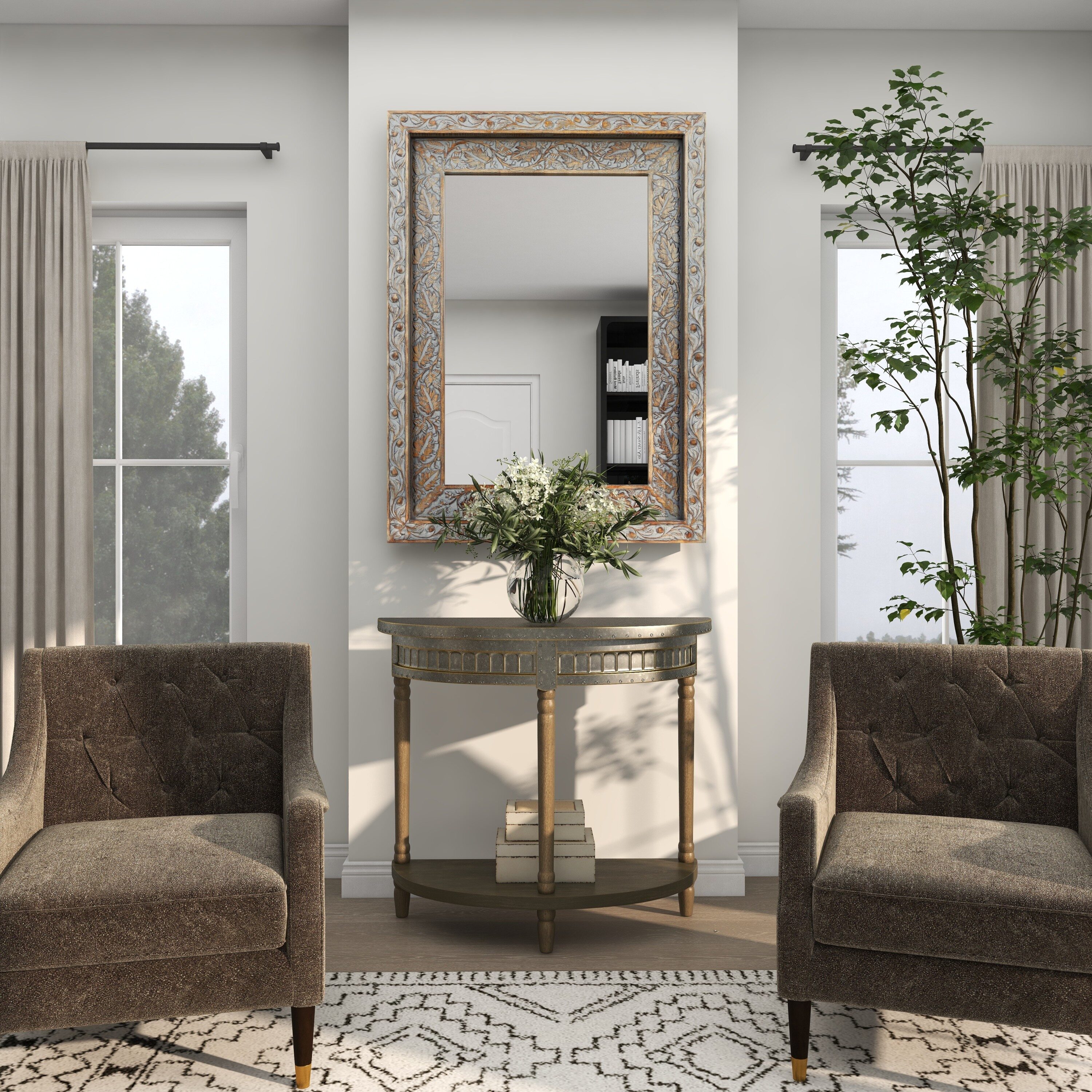 Beige and Gray Metal Wood Half Moon Console Table