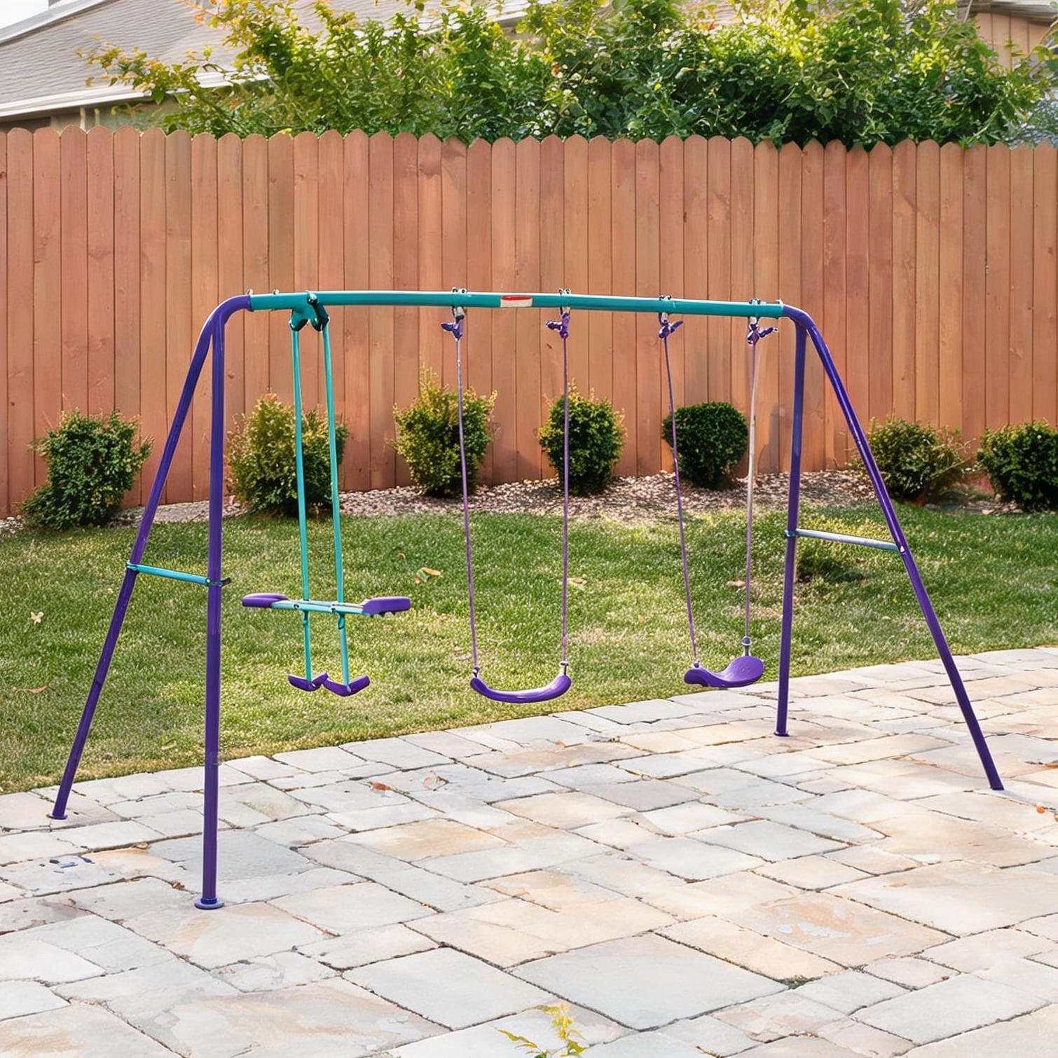 chillscreamni - Soft Metal Triple Swing Set with Glider and Two Seats for Backyard Play