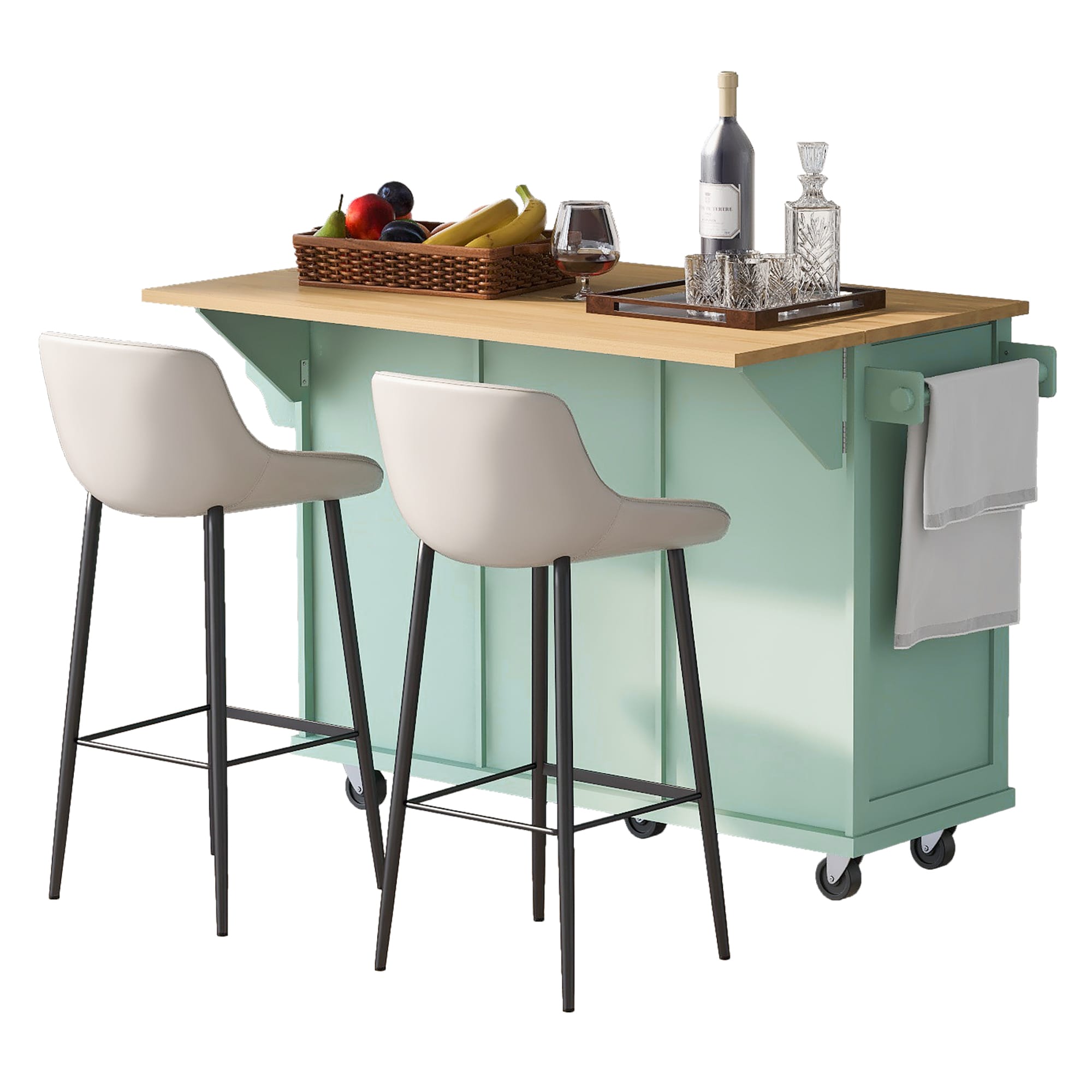 Kahomvis Green Mdf Base with Wood Top Rolling Kitchen Island (17.7-in x 53-in x 37.2-in)
