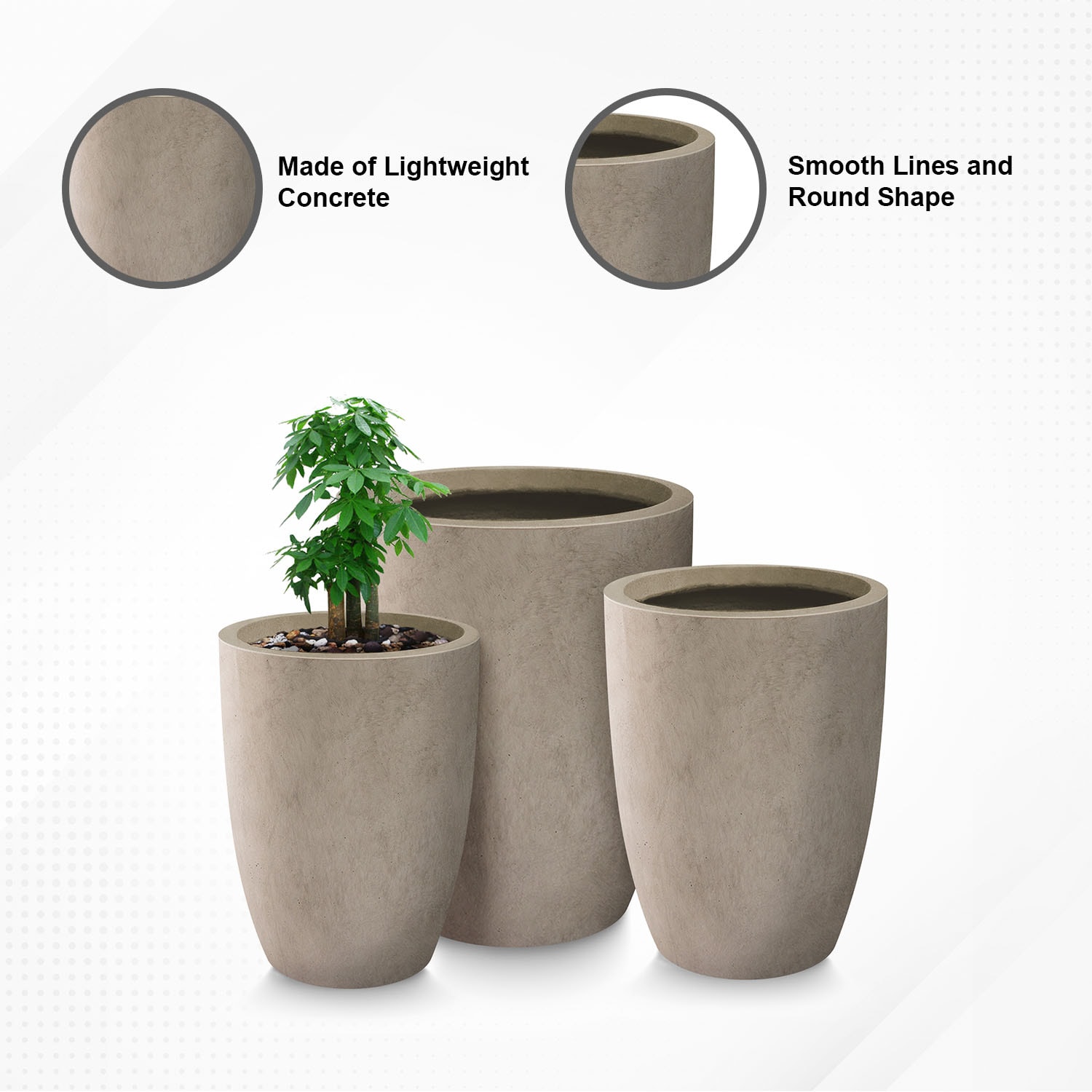 Weathered Gray Tall Round Concrete Planters Set of 3