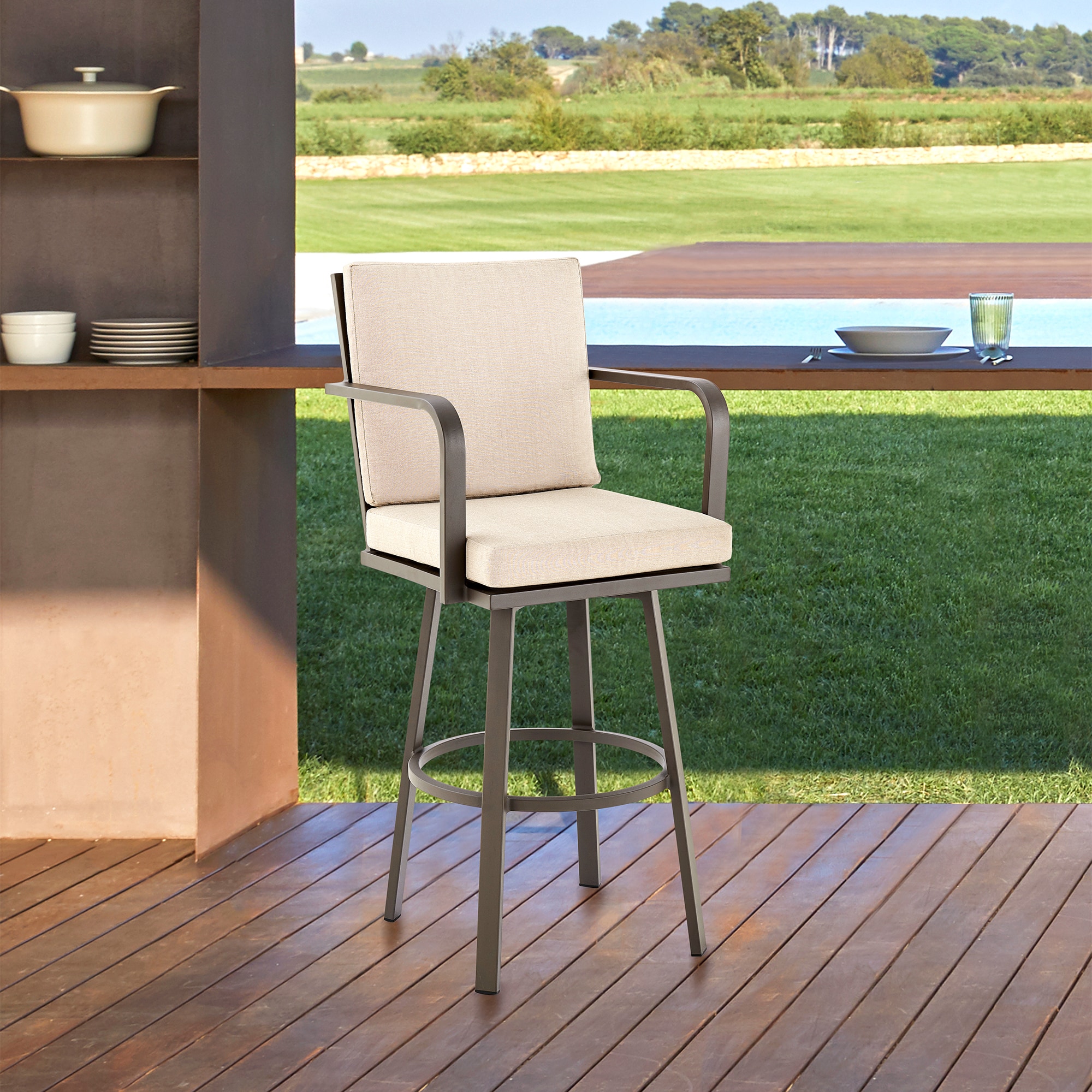 Eucalyptus Wood Outdoor Bar Stool with Cushions