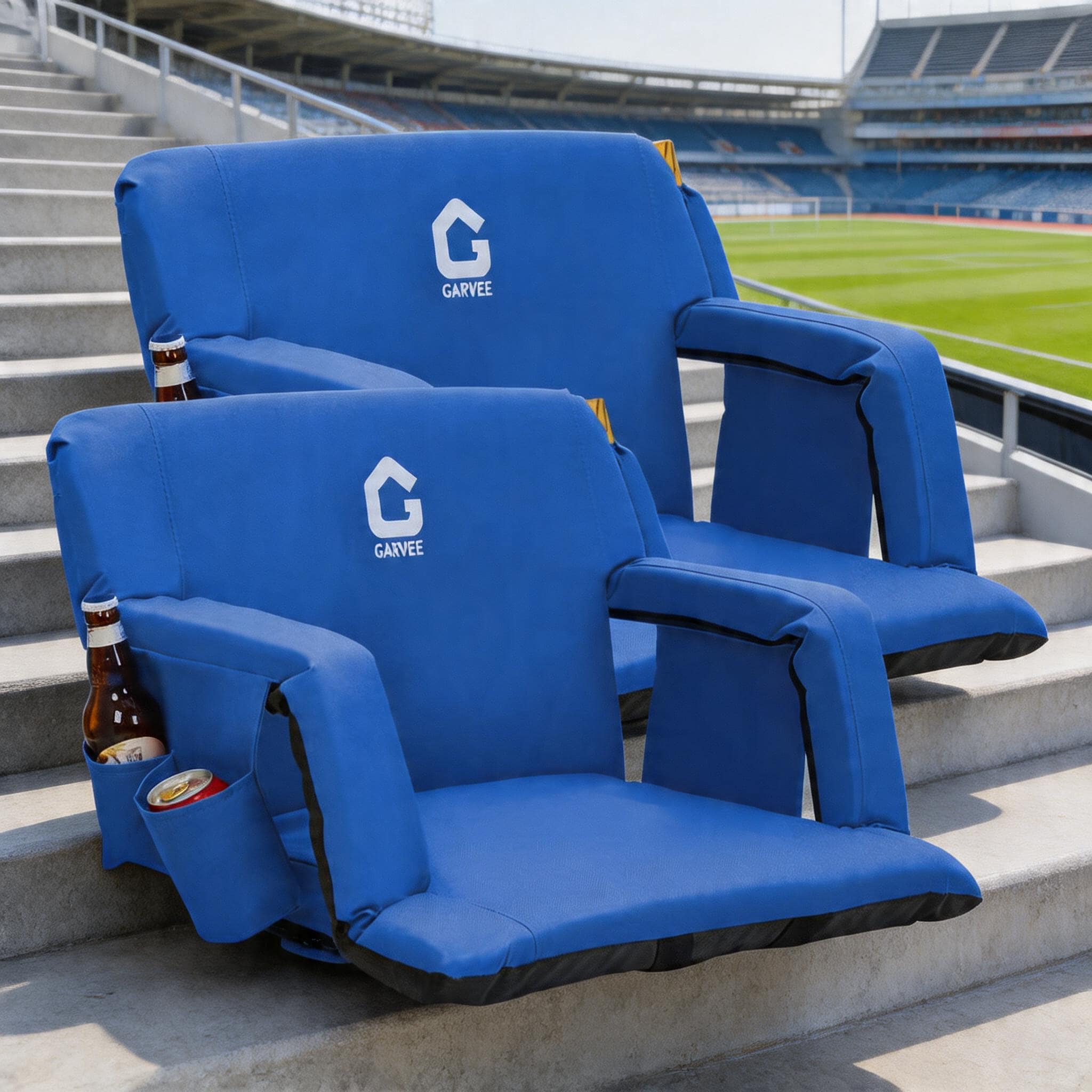 Encore Beets 2 Pack 20 In Wide Bleacher Seats 6 Position Adjustable Back Support Thick Cushion Armrests Cup Holder Large Pockets Blue For Outdoor Sports Concerts