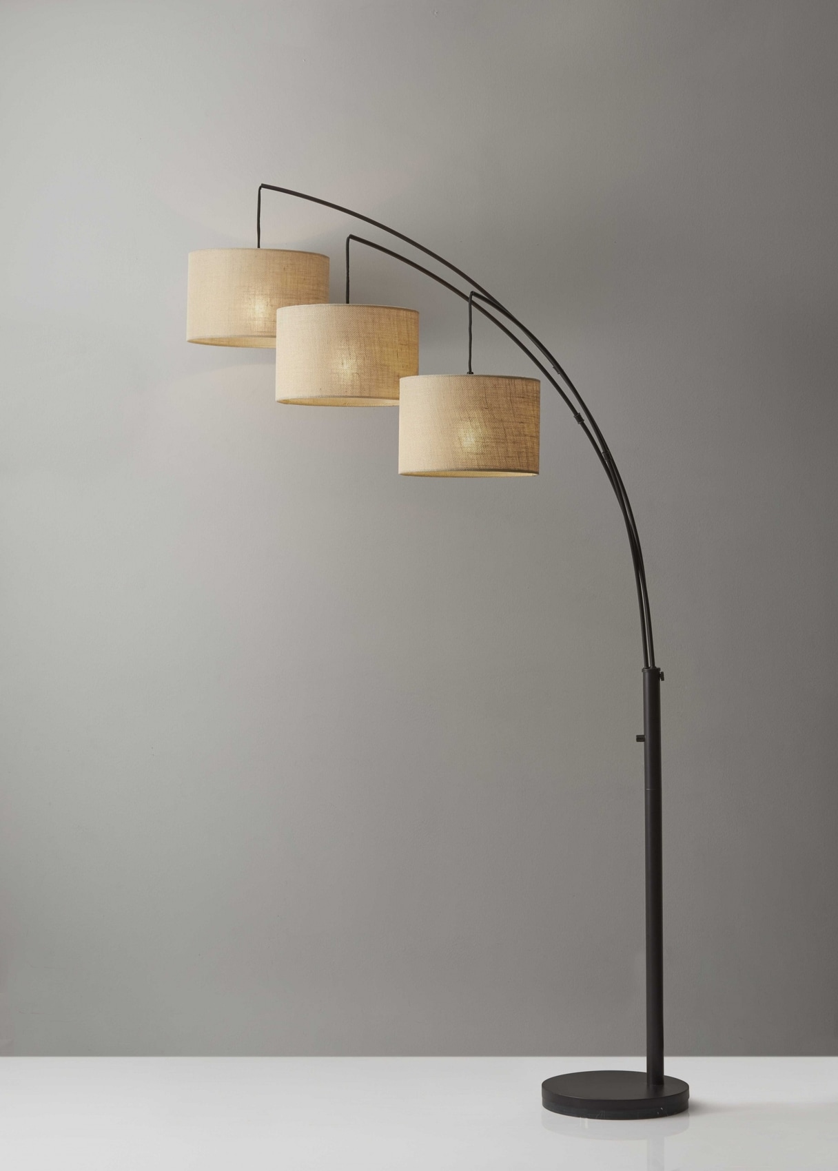 Contemporary Bronze Arc Floor Lamp with Beige Burlap Shades