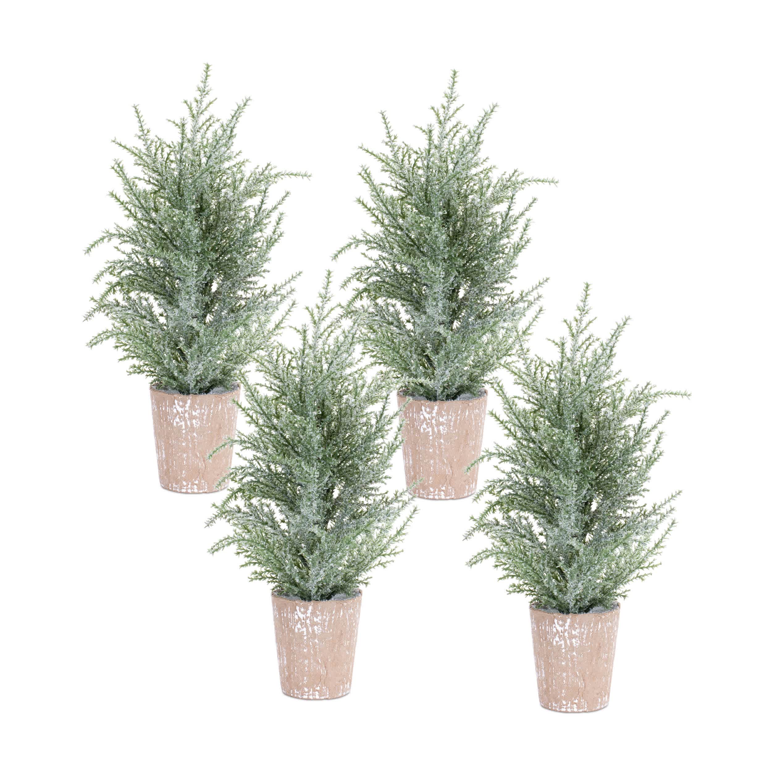 Melrose International - Frosted Holiday Pine Tree in Paper Pot (Set of 4)