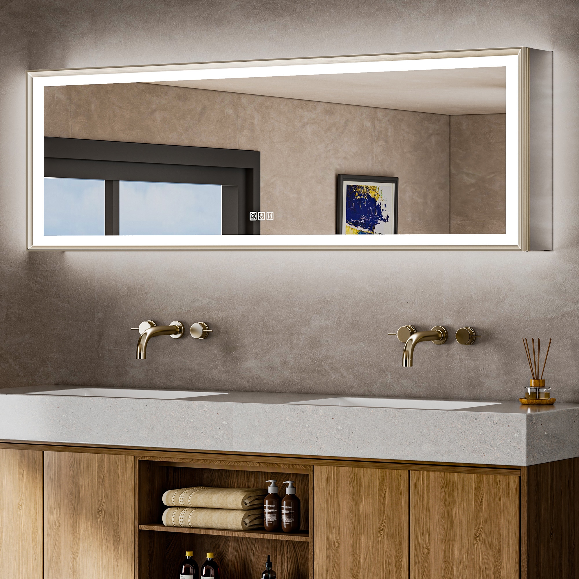 QueenFun MCBF6020BN Zena 60-in x 20-in Lighted LED Surface/Recessed Mount Brushed Nickel Mirrored Rectangle Soft Close Medicine Cabinet