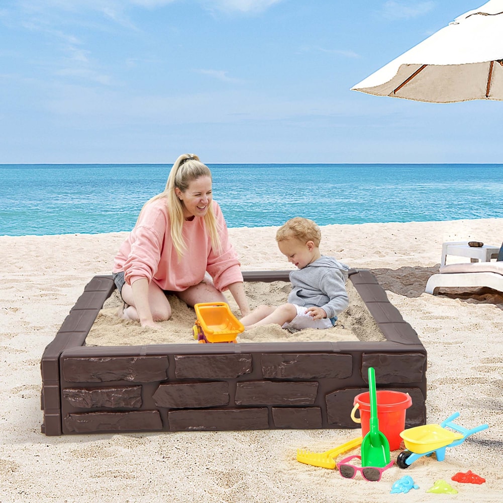 Costway CSHY001133 Kids Sandbox with Cover Bottom Liner Backyard Beach HDPE Sandpit for Outdoor Play Brown