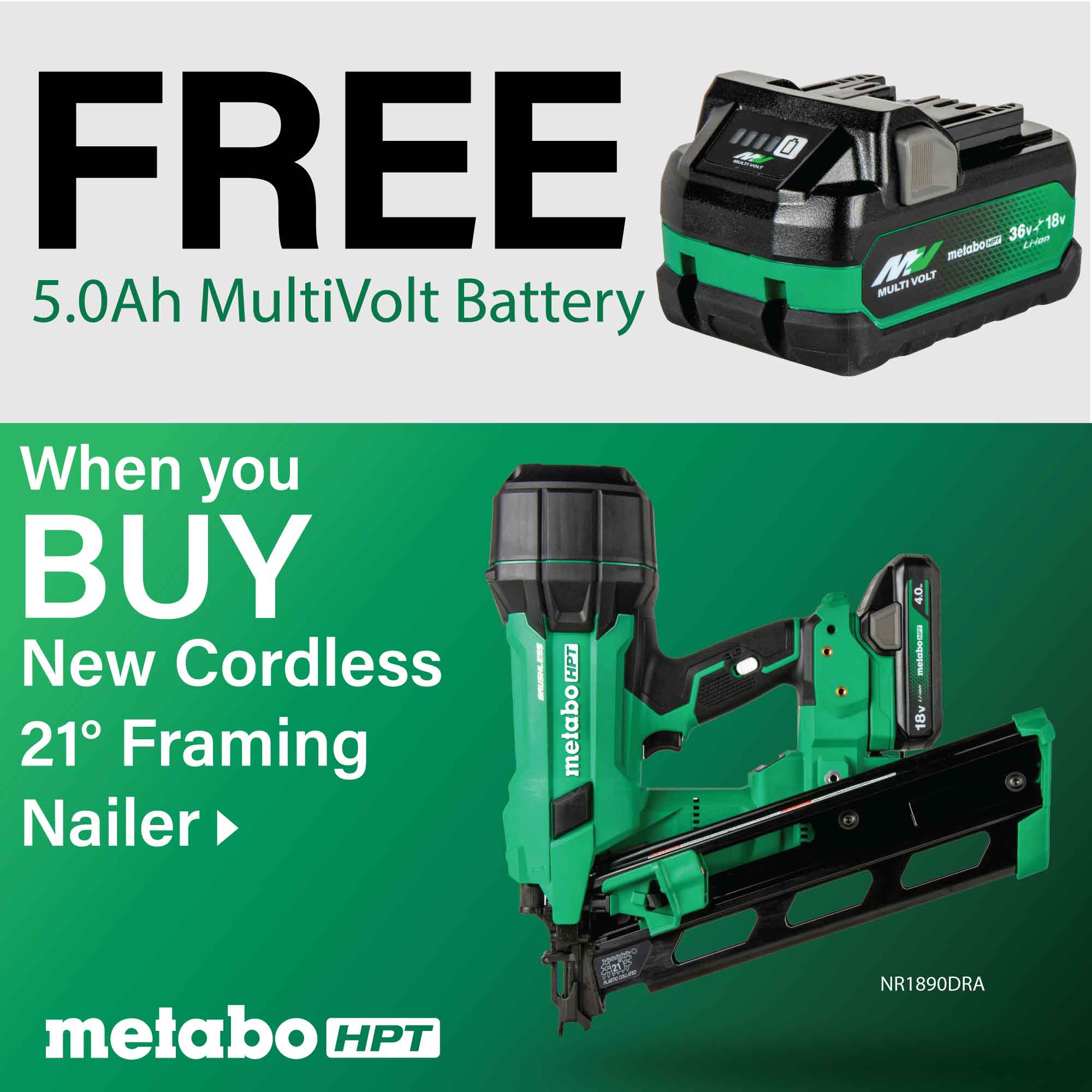 metabo hpt multi-volt 3-1/2-in 21 -degree cordless roundhead framing nailer (battery included and charger included)