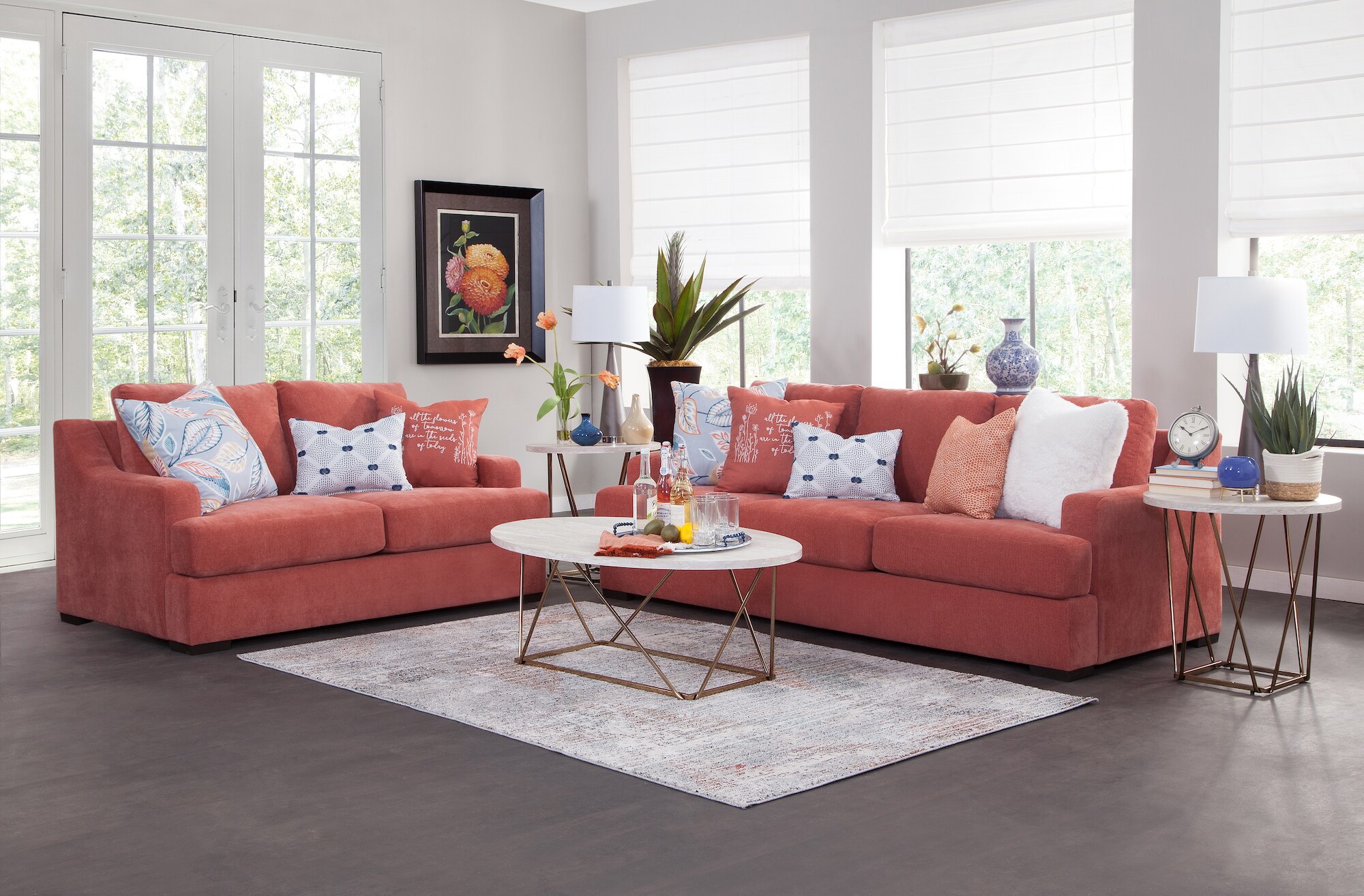 Ivory and Blue Two-Piece Fabric Sectional Sofa with Chaise
