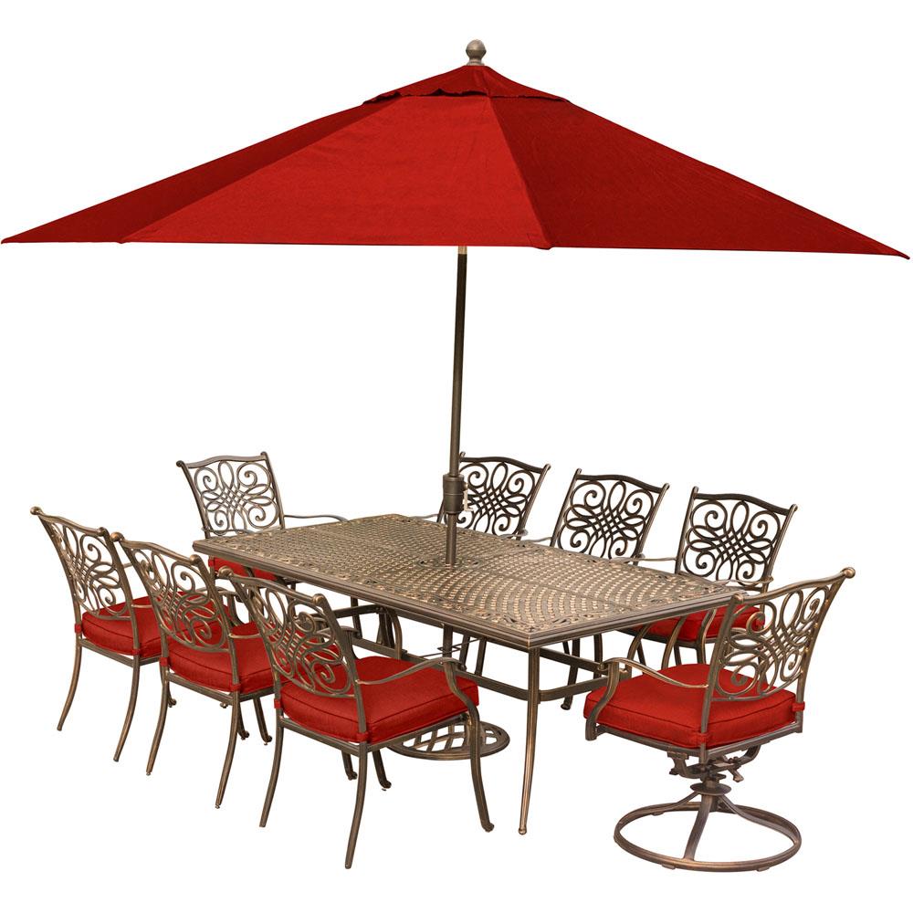 Hanover TRADDN9PCSW2-SU-R Traditions 11-Piece Bronze Patio Dining Set with Red Cushions