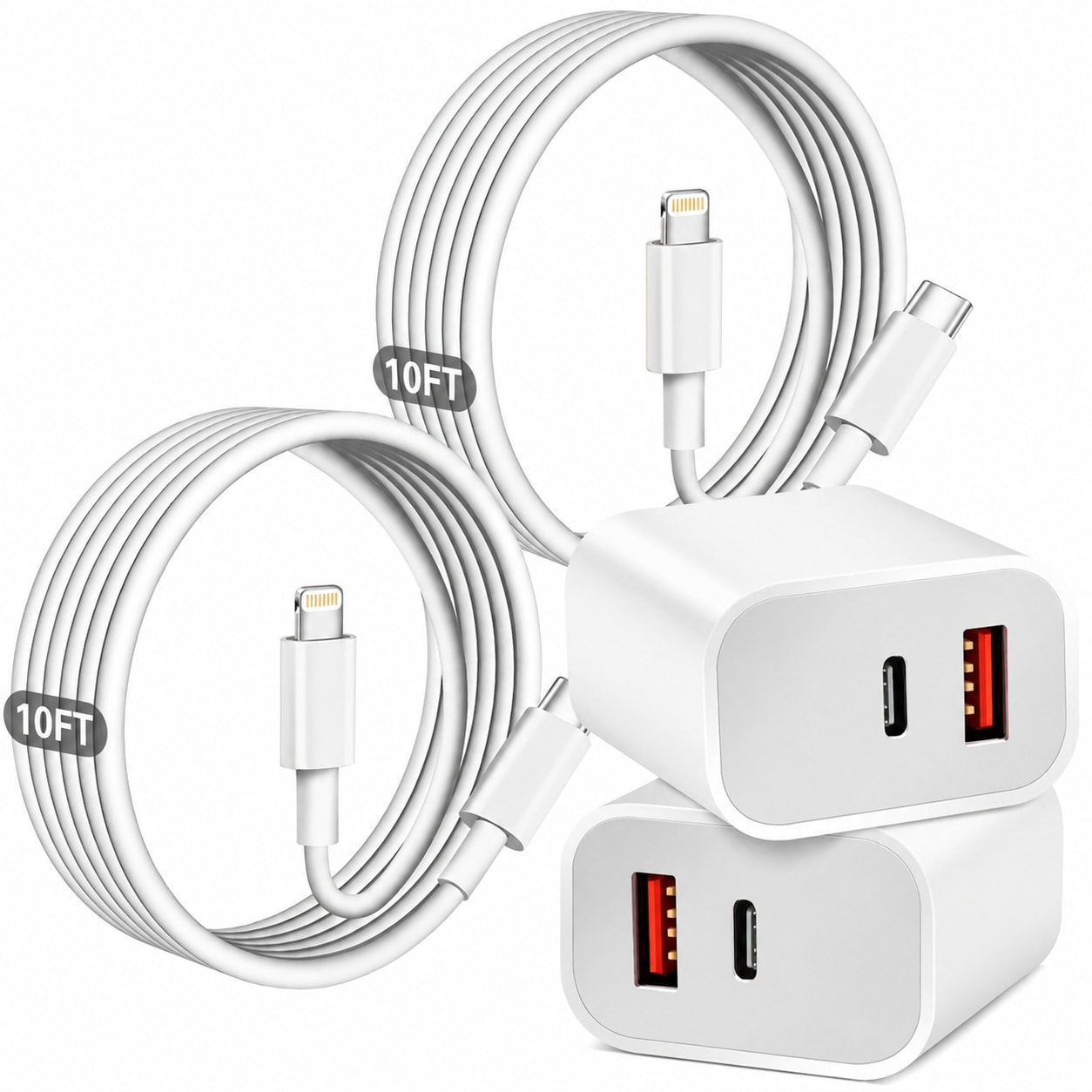 Aoibox  20W Dual Port USB C and USB A Fast Charger Block 2 Pack with 10FT MFi Certified Lightning Cable White