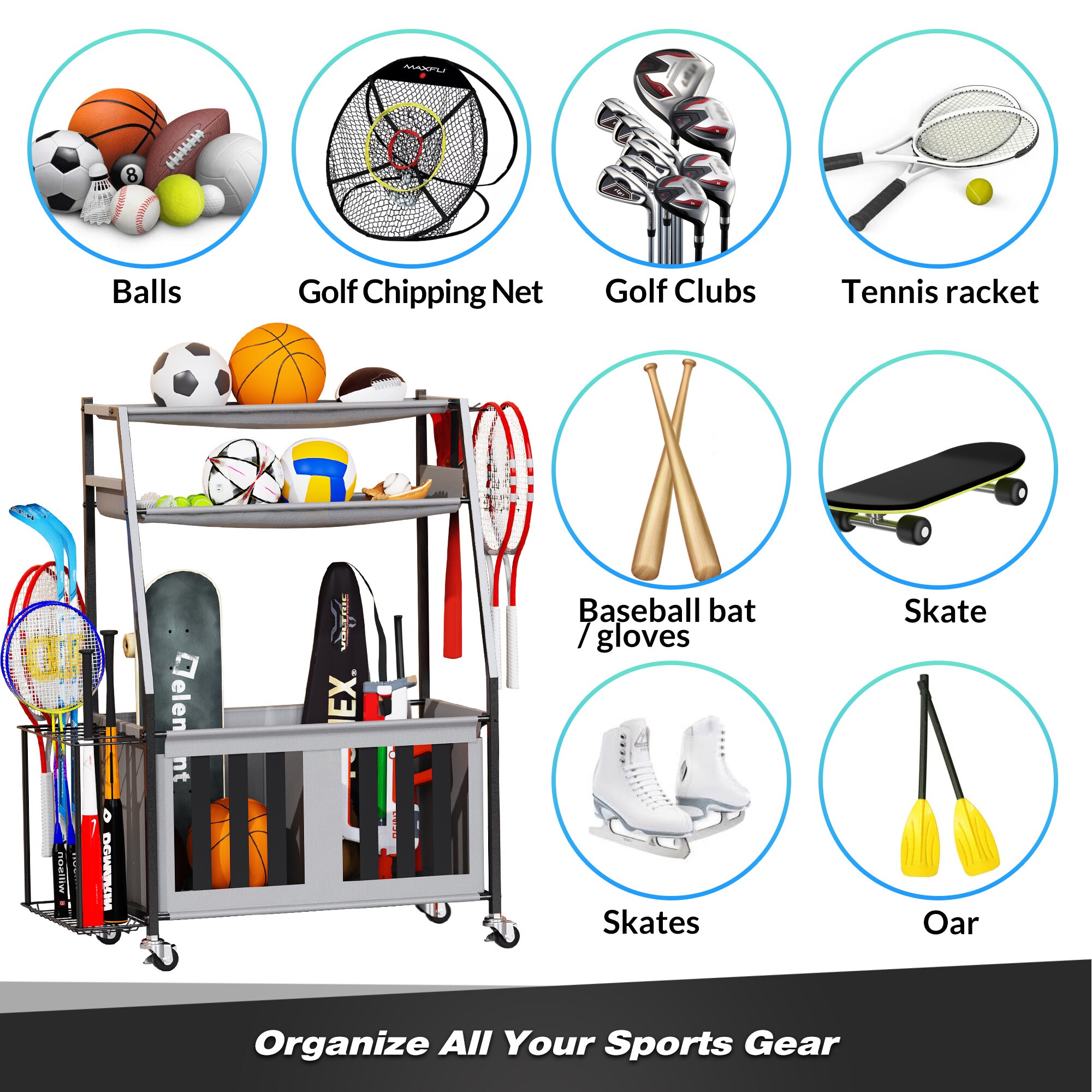 Sttoraboks Sports Ball Storage Cart with Bat Rack and Multiple